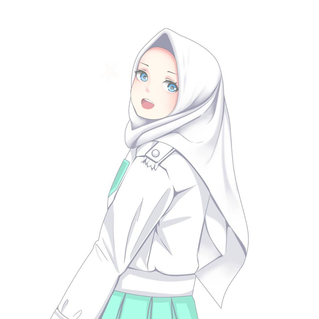 anime hijab 桌布 壁紙 — 一位年輕的動漫女孩，藍眼睛，白色頭巾，穿著白色外套和薄荷裙，溫柔地微笑。