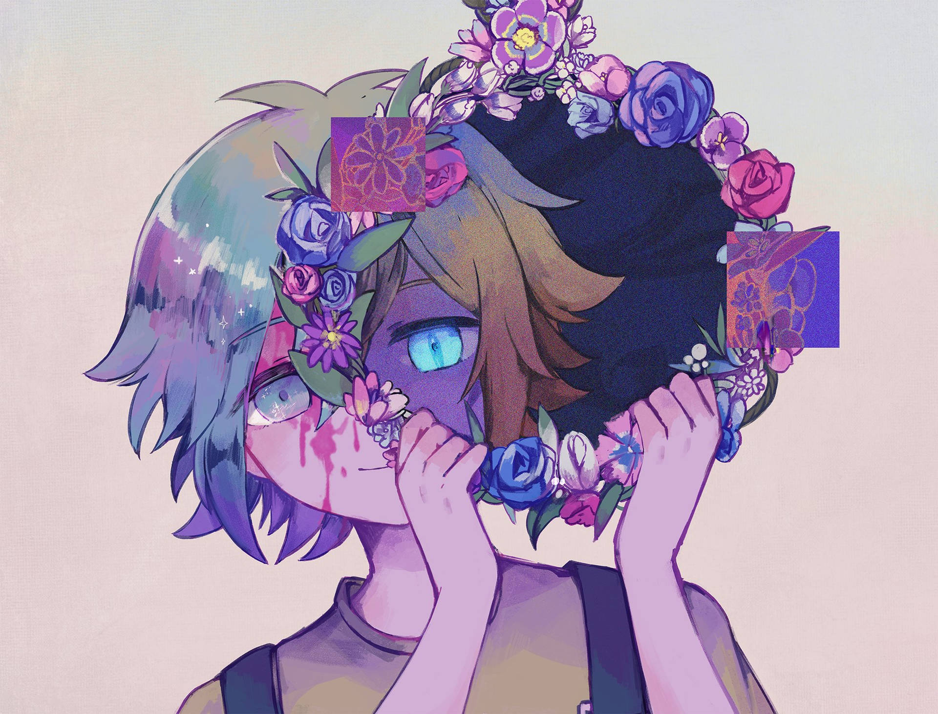 omori 桌布 壁紙 — 一位年輕的動漫女孩，藍眼睛、紫頭髮，戴著鮮豔的花冠，雙手捧著臉。