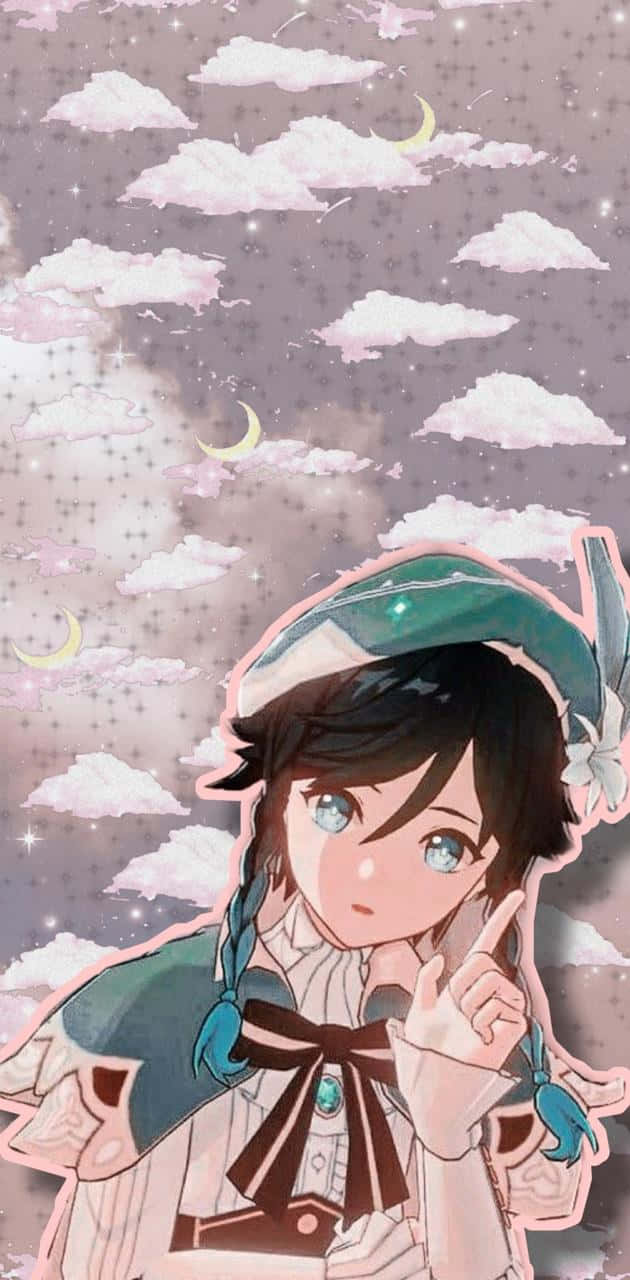 Genshin Venti 桌布 壁紙 — 一位年輕的動漫女孩，藍眼睛，辮子頭髮，在充滿粉紅色雲朵和新月的夢幻天空中向上指著。