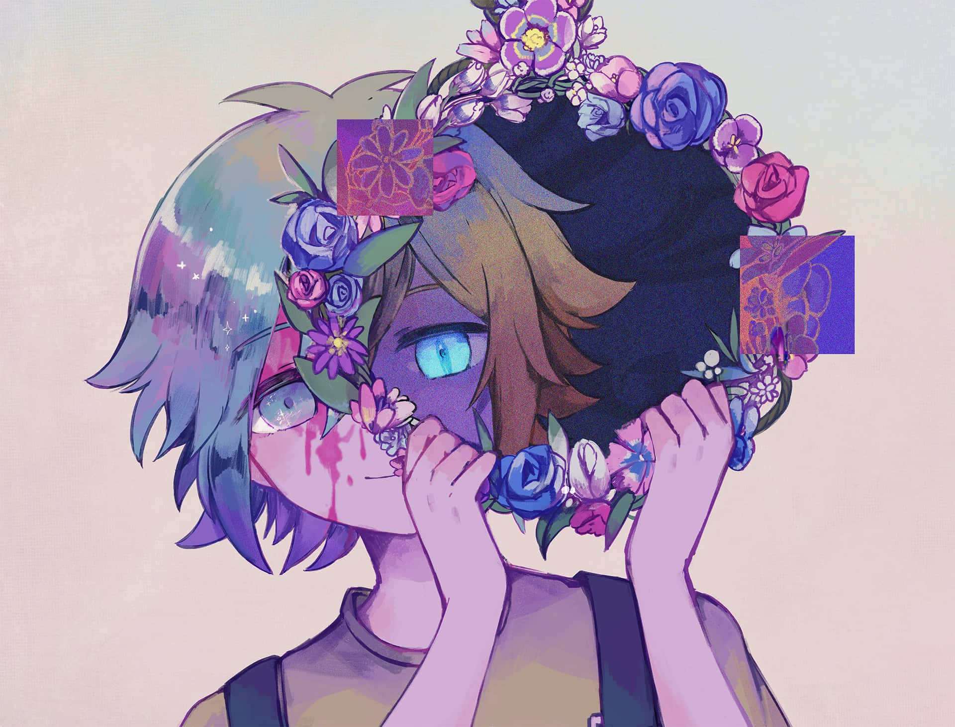 omori 桌布 壁紙 — 一位年輕的動漫女孩，藍眼睛紫頭髮，戴著鮮豔的花冠，雙手捧著臉。