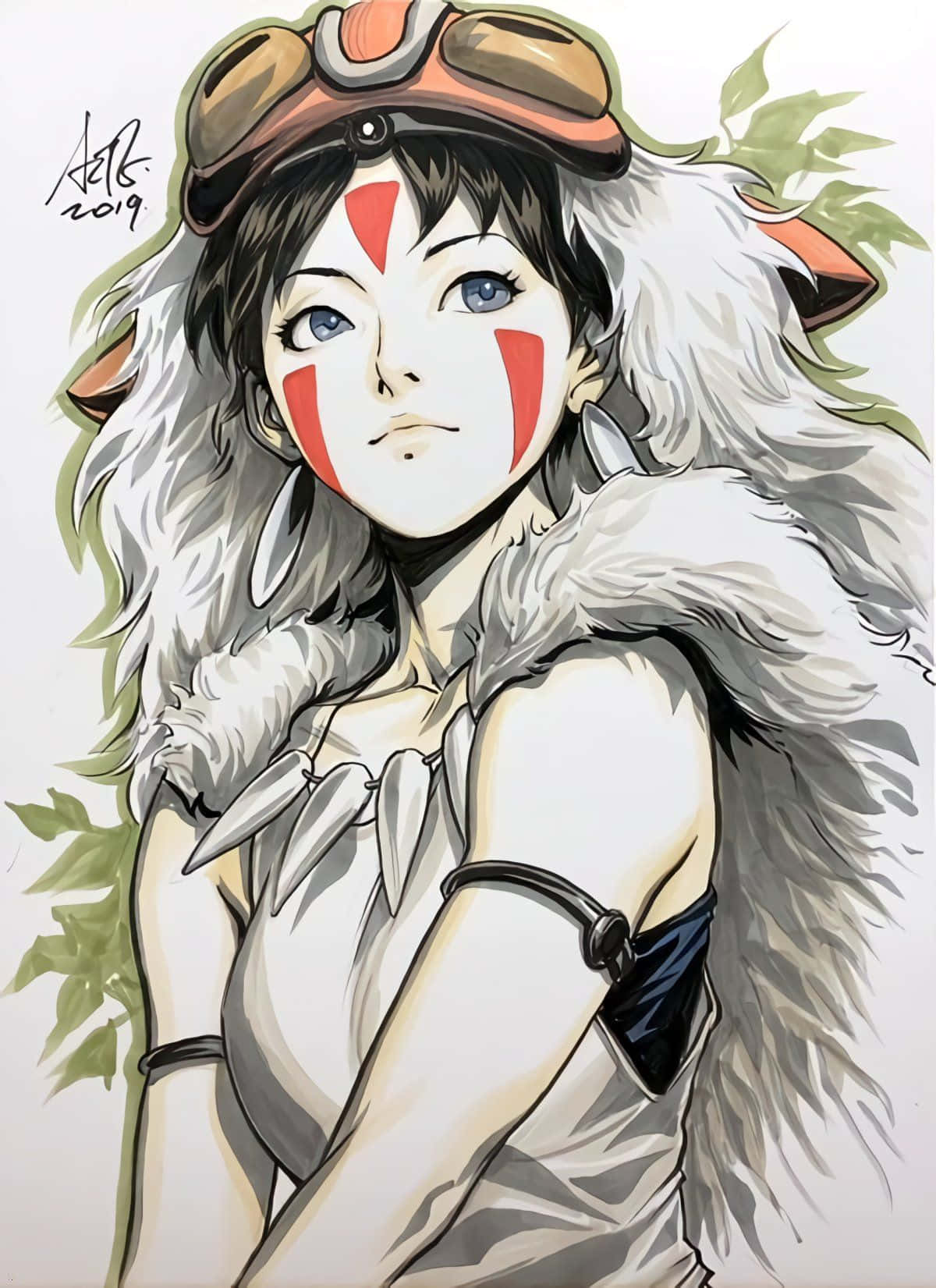 魔法公主 桌布 壁紙 — 一位年輕的動漫女孩，藍色眼睛和紅色臉部彩繪，穿著毛皮襯裡的服裝和護目鏡，被綠葉環繞。
