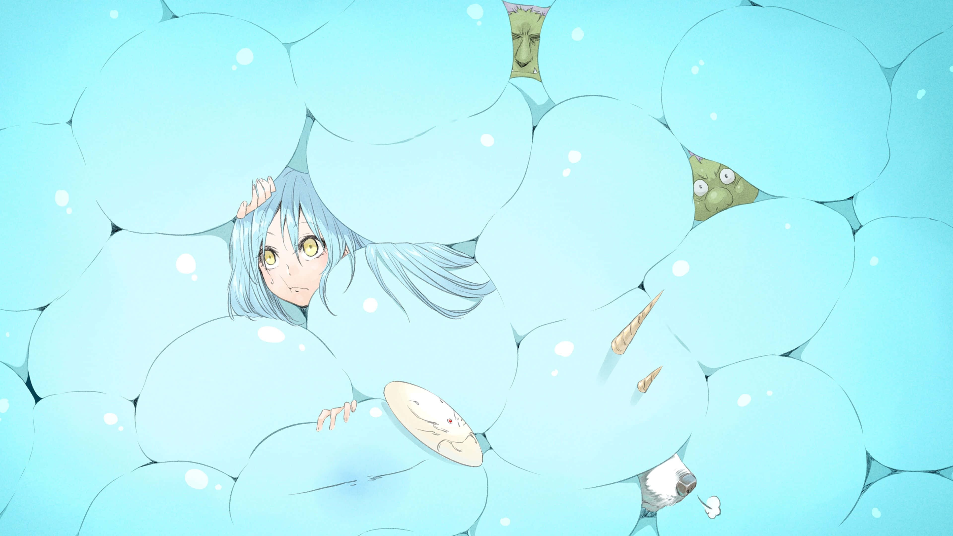 That Time I Got Reincarnated As A Slime 桌布 壁紙 — 一位年輕的動漫女孩，藍色頭髮，從漂浮的淺藍色氣泡後面窺視，小生物也探出頭來。