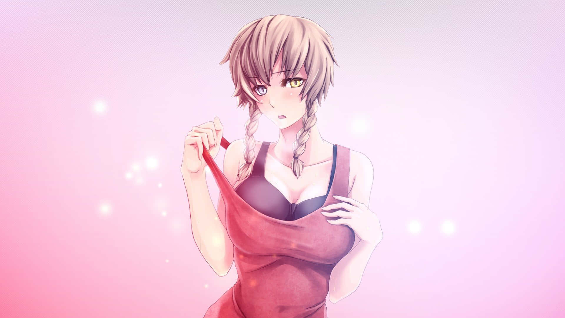Suzuha Amane 桌布 壁紙 — 一位年輕的動漫女孩，辮子頭髮和異色瞳，在柔和的粉紅色發光背景前拉扯她的紅色上衣。
