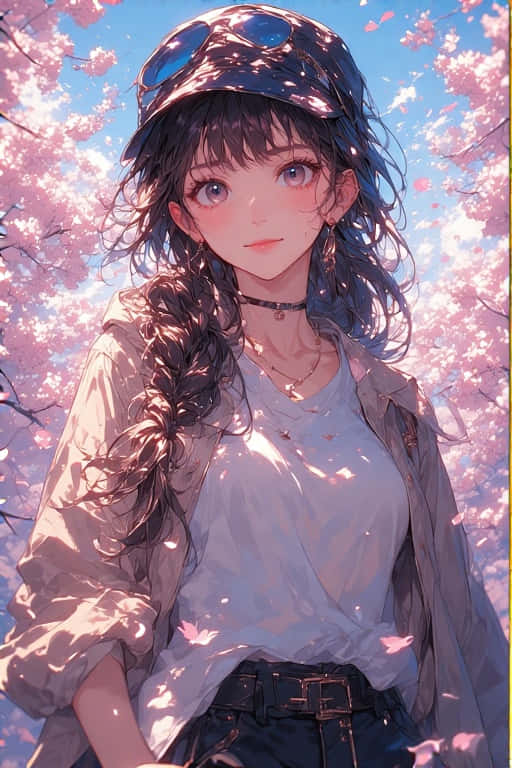Anime Art 4K 壁紙 — 一位年輕的動漫女孩，辮子頭髮戴著帽子，站在盛開的櫻花樹下，柔軟的粉紅色花瓣在她周圍飄浮。