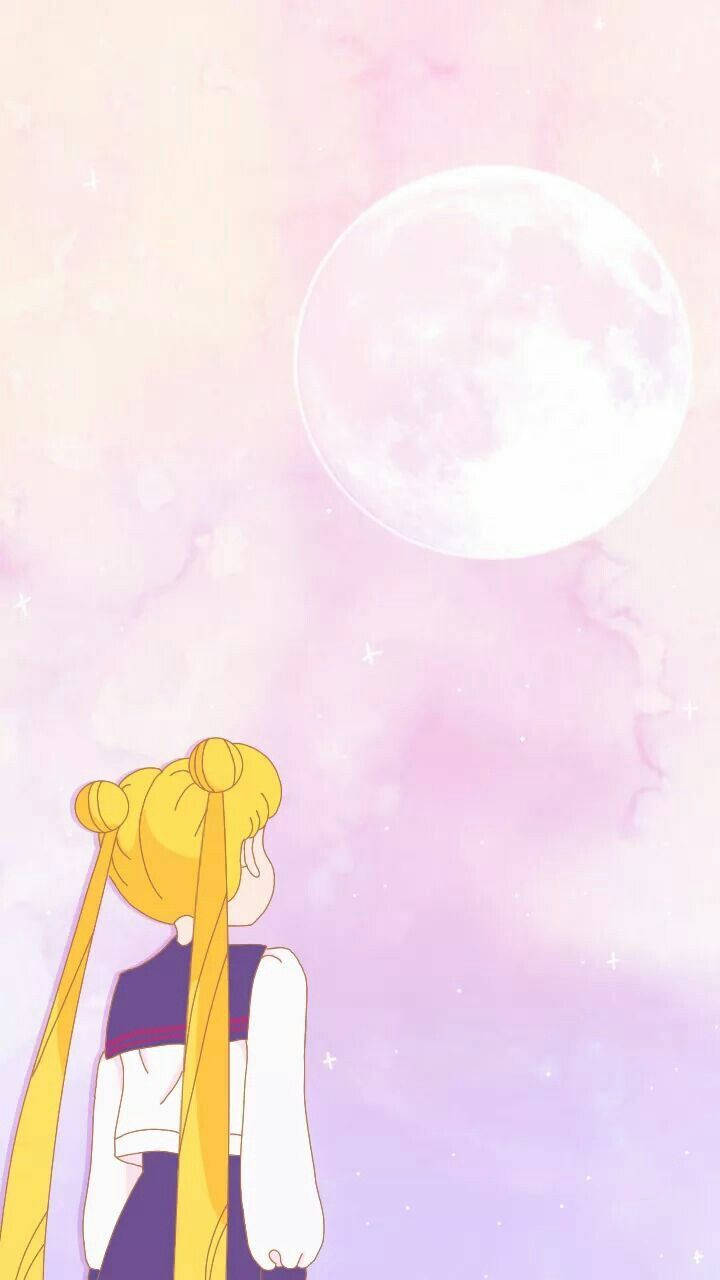 金色辮子的動漫女孩，看著粉彩天空中的滿月。