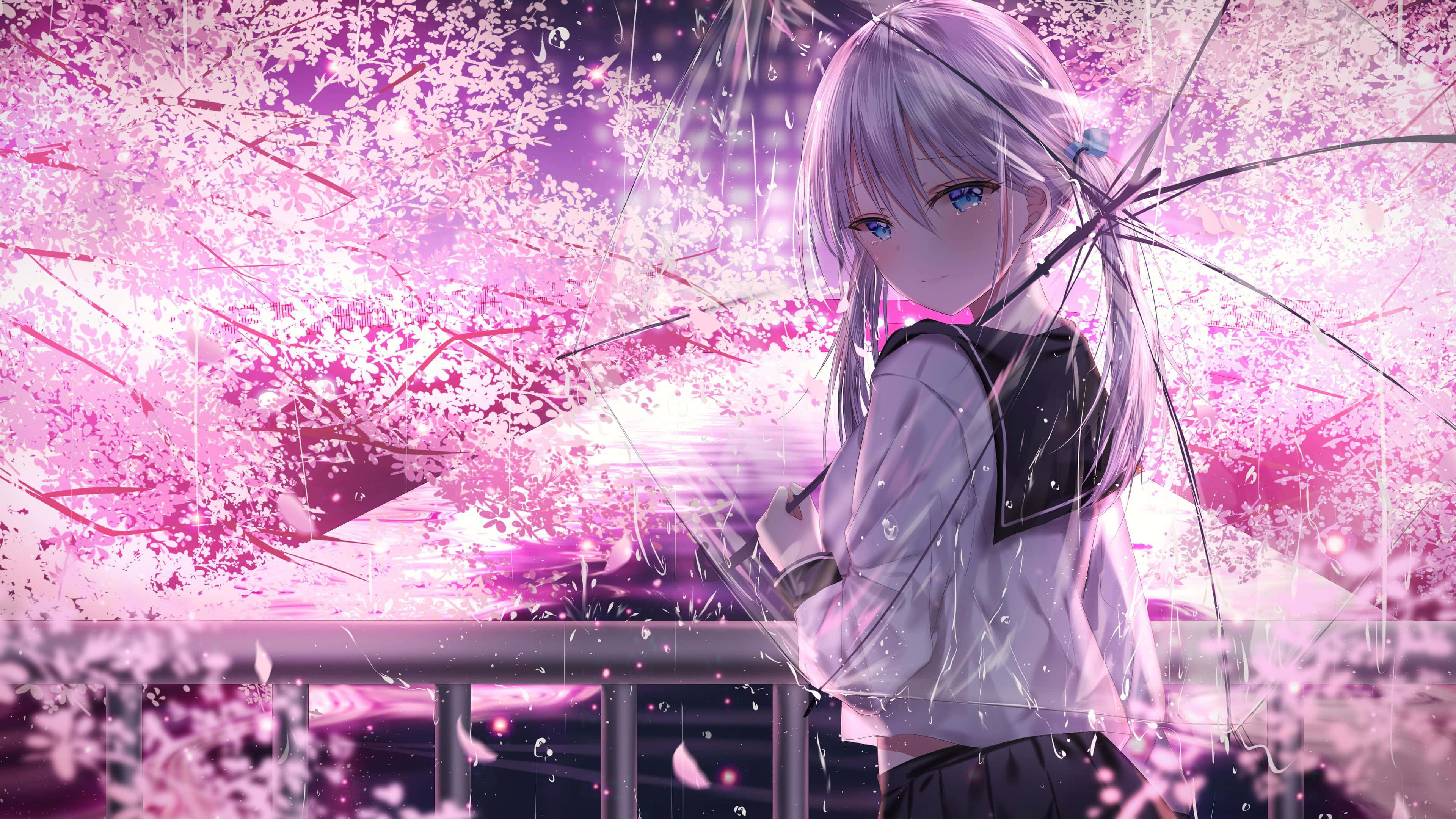 Aesthetic Pink Anime 桌布 壁紙 — 一位年輕的動漫女孩，銀色頭髮和藍色眼睛，在夜晚的鮮豔粉紅色櫻花雨中撐著傘。