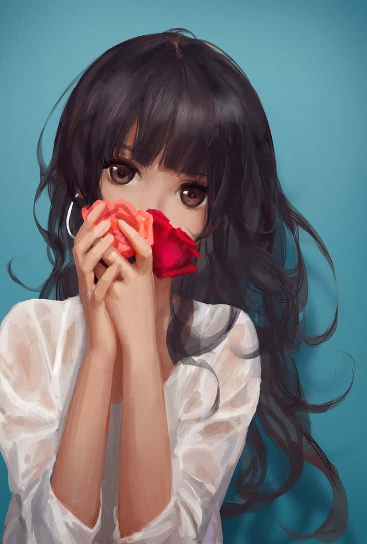 動漫藝術GIF 桌布 壁紙 — 一位年輕的動漫女孩，長著深色長髮，手持一朵紅玫瑰貼近臉龐，背景是純青色。