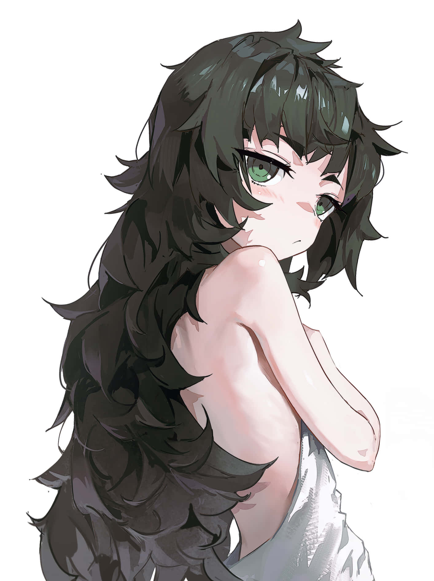 Maho Hiyajo 桌布 壁紙 — 一位年輕的動漫女孩，長著深色長髮和綠色眼睛，在純白背景上以柔和的表情回頭看。