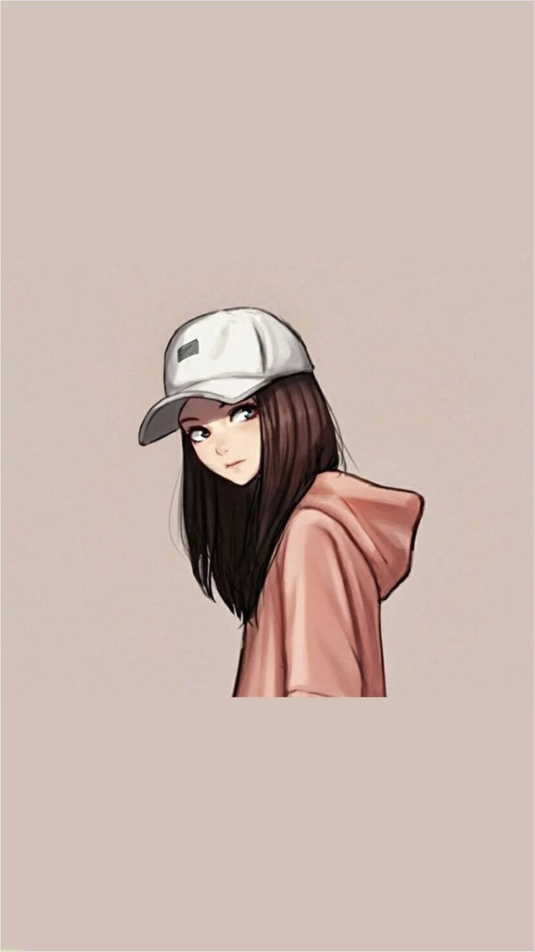 girls 桌布 壁紙 — 一位年輕的動漫女孩，長著深色長髮，戴著白色帽子，穿著粉紅色連帽衫，背景是柔和的米色。