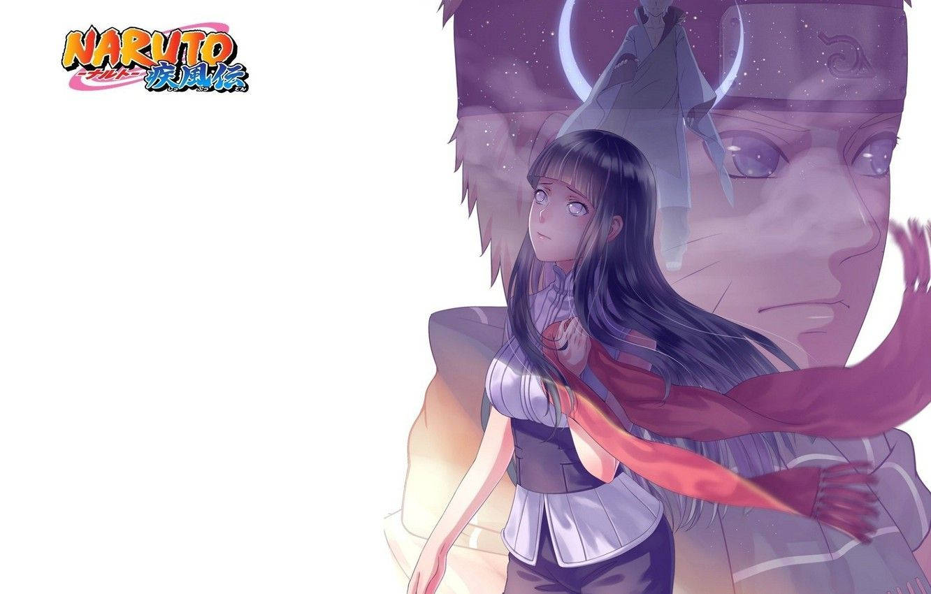 Hinata Hyuga 桌布 壁紙 — 一位年輕的動漫女孩，長著深色長髮，站在柔和的光線中，一個半透明的男性面孔和彎月懸浮在她身後紫色的星空下。