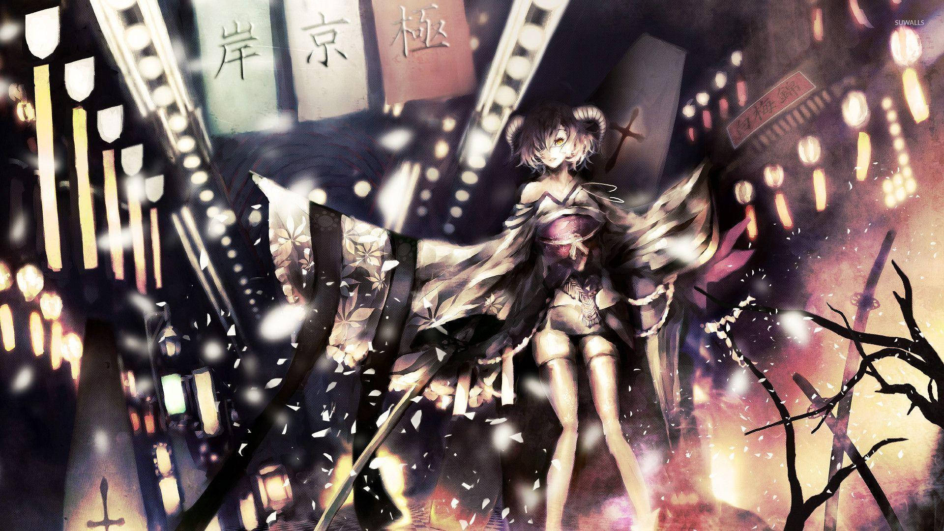 動漫惡魔 桌布 壁紙 — 一位年輕的動漫女孩，長著狐狸耳朵，穿著飄逸的和服，站在神秘日本場景中飄落的雪花和發光的燈籠之間。