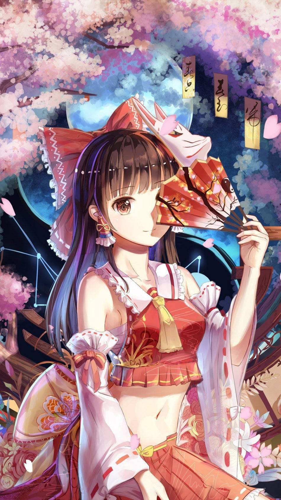 HD anime phone 桌布 壁紙 — 一位年輕的動漫女孩，長著狐狸耳朵，拿著紅色扇子，在黃昏時分站在盛開的櫻花樹下。