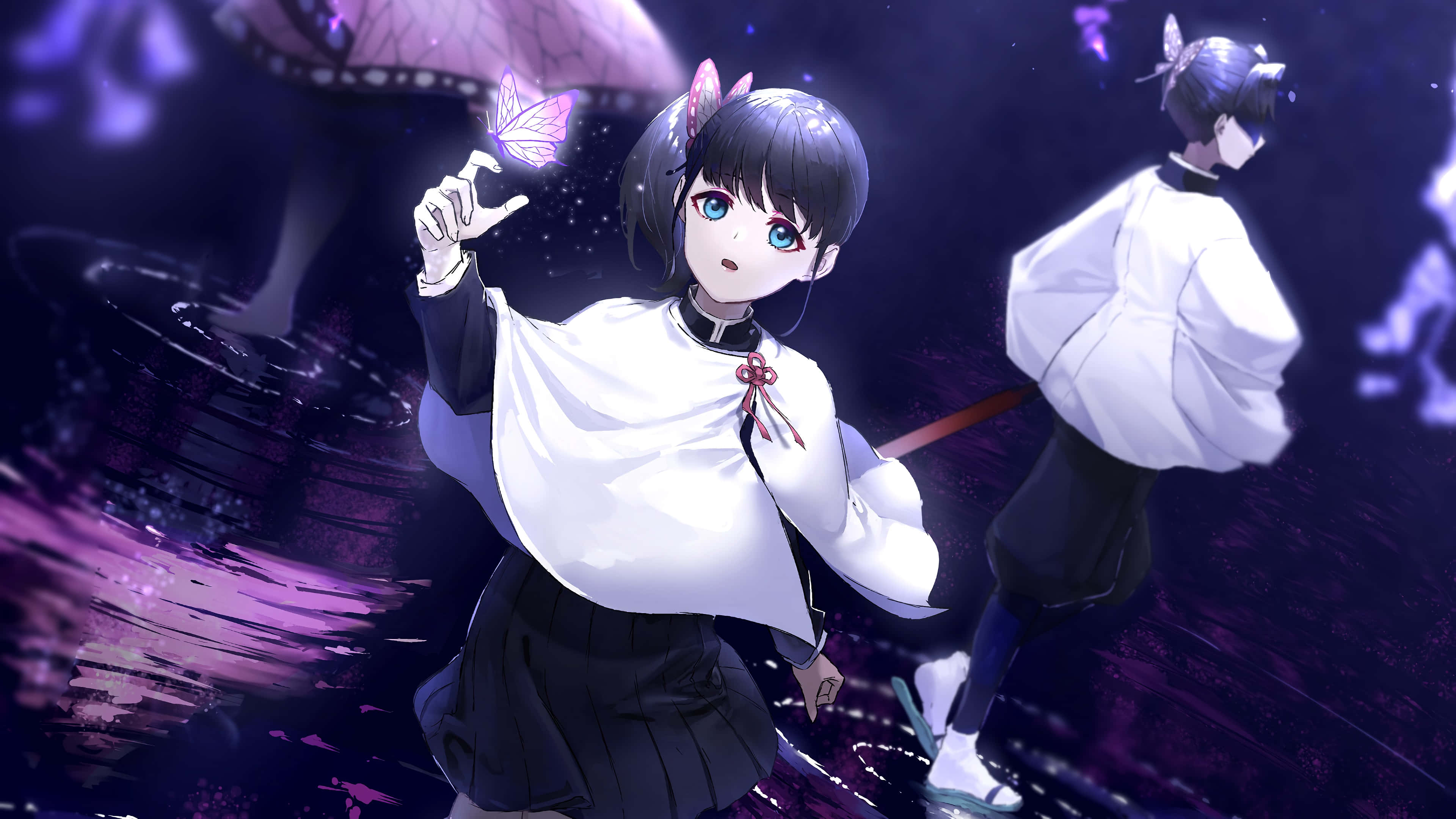 Demon Slayer Group 桌布 壁紙 — 一位年輕的動漫女孩，長著貓耳朵，在黑暗的宇宙背景下，與一位白衣同伴一起，輕輕地捧著一隻發光的紫色蝴蝶。