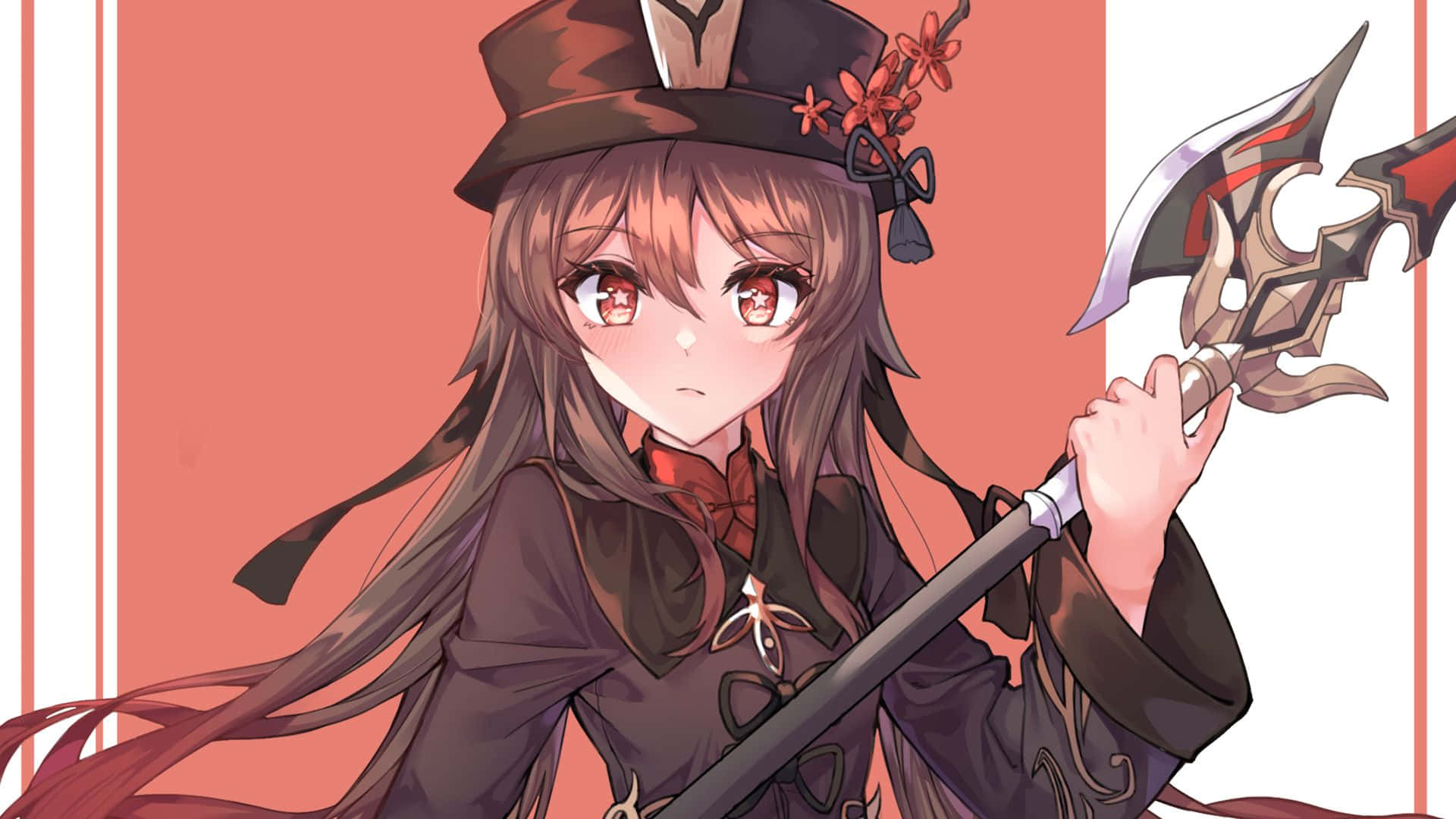 原神 桌布 壁紙 — 一位年輕的動漫女孩，長長棕色頭髮和紅色眼睛，戴著高頂帽，手持裝飾斧頭，背景為珊瑚粉紅色。