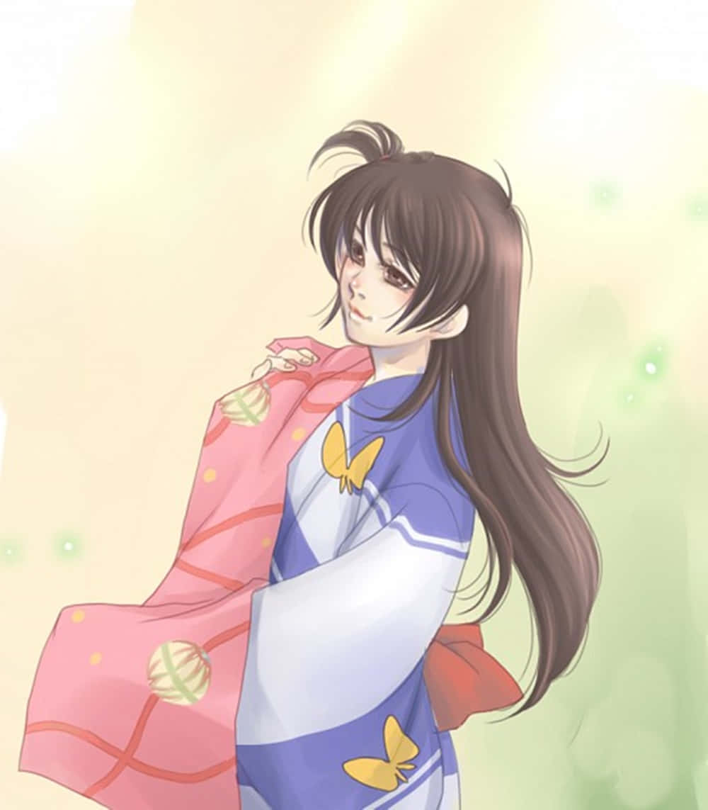 Inuyasha Rin 桌布 壁紙 — 一位年輕的動漫女孩，長長的棕色頭髮，穿著藍白色的和服，上面有黃色蝴蝶，在柔和發光的背景下拿著一塊粉紅色圖案的布。