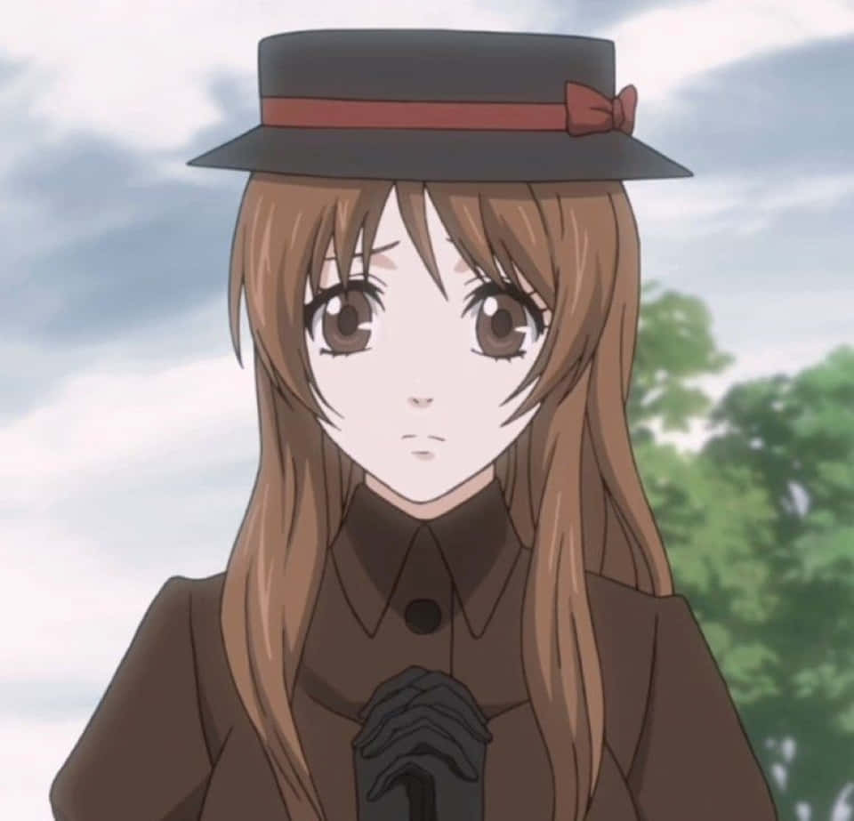 Black Butler Paula 桌布 壁紙 — 一位年輕的動漫女孩，長長的棕色頭髮，戴著深色帽子和紅色絲帶，穿著棕色外套，背景是多雲的天空和綠色樹木。