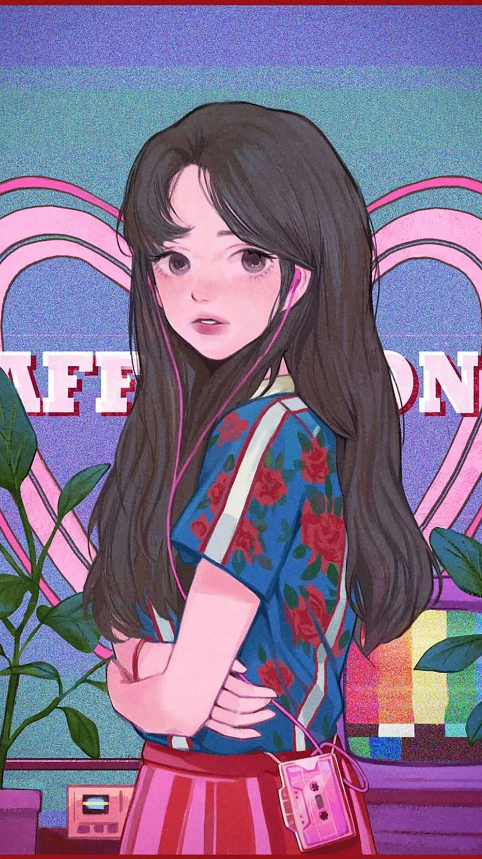 Cool Girl Cartoon 桌布 壁紙 — 一位年輕的動漫女孩，長長的黑髮，穿著花卉襯衫和粉紅色裙子，戴著粉紅色耳機聽音樂，背景是充滿活力的復古風格。
