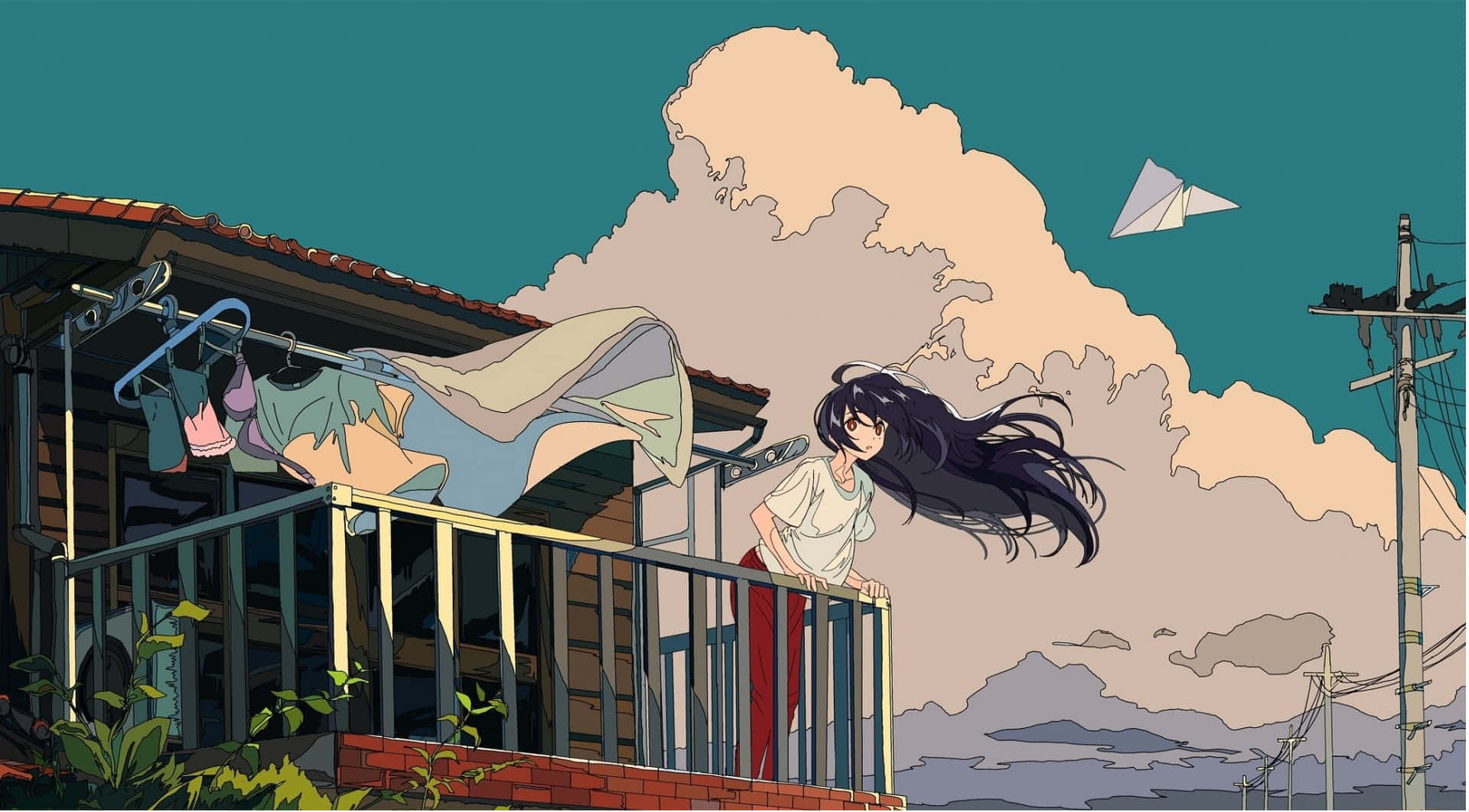 陽台上的動漫女孩，晾衣繩和天空中的紙飛機 — 動畫風景 壁紙