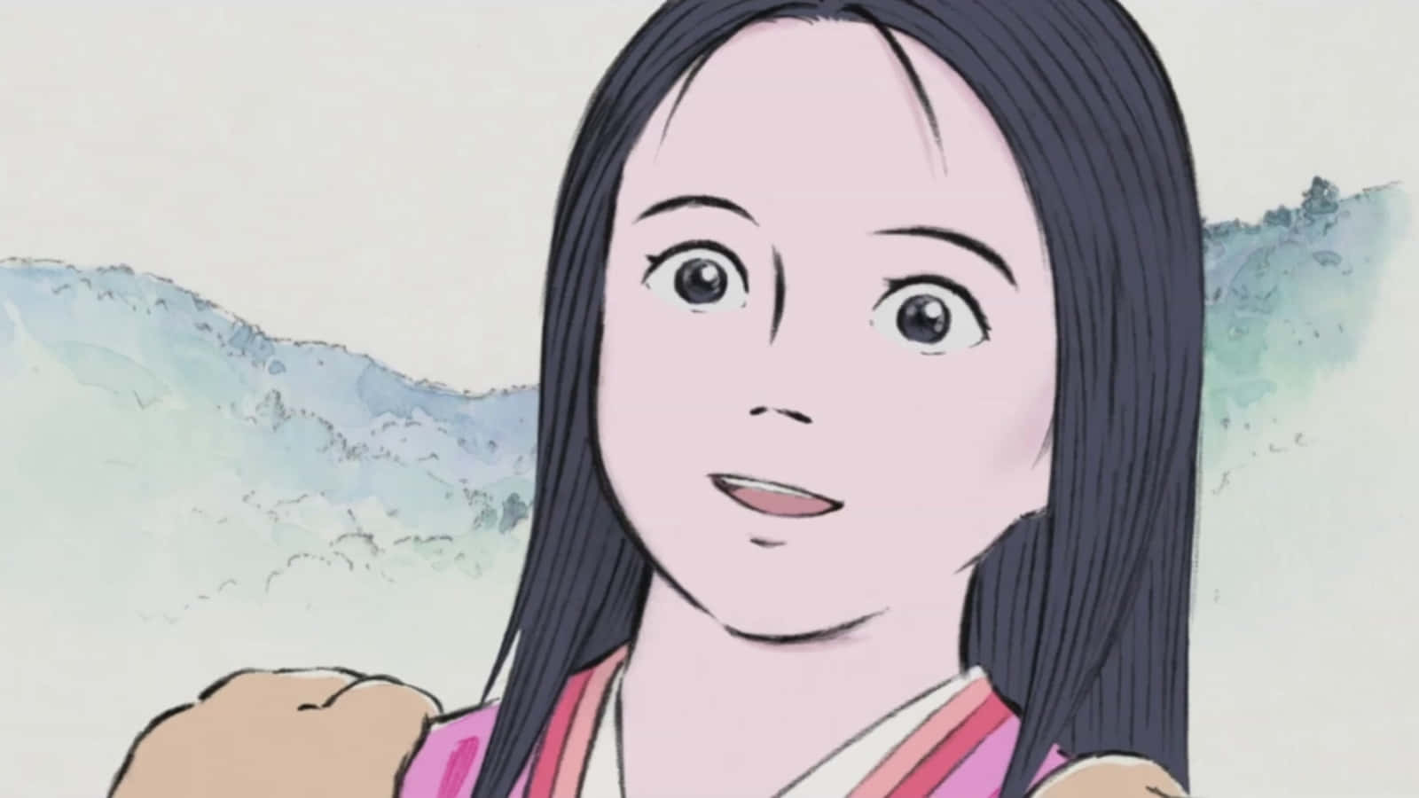 The Tale Of The Princess Kaguya 桌布 壁紙 — 一位年輕的動漫女孩，長長的黑髮和大眼睛，在柔和的水彩山景背景下溫柔地微笑。