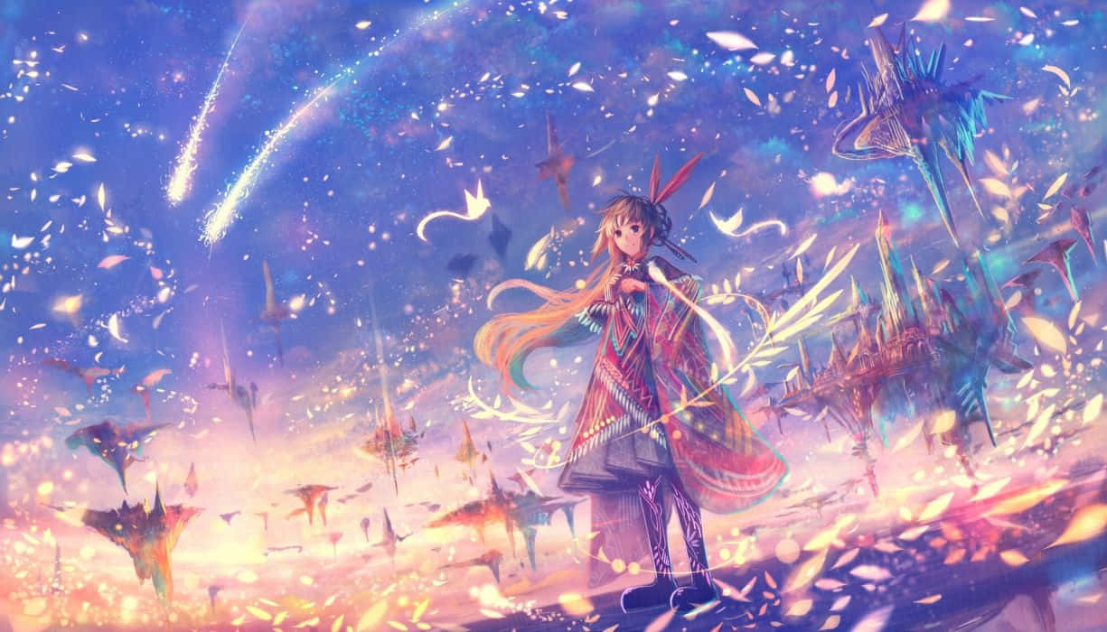 Fantasy Anime 桌布 壁紙 — 一位年輕的動漫女孩，長髮飄逸，站在漂浮的晶體結構和飄落的花瓣之間，背景是充滿活力的宇宙天空。