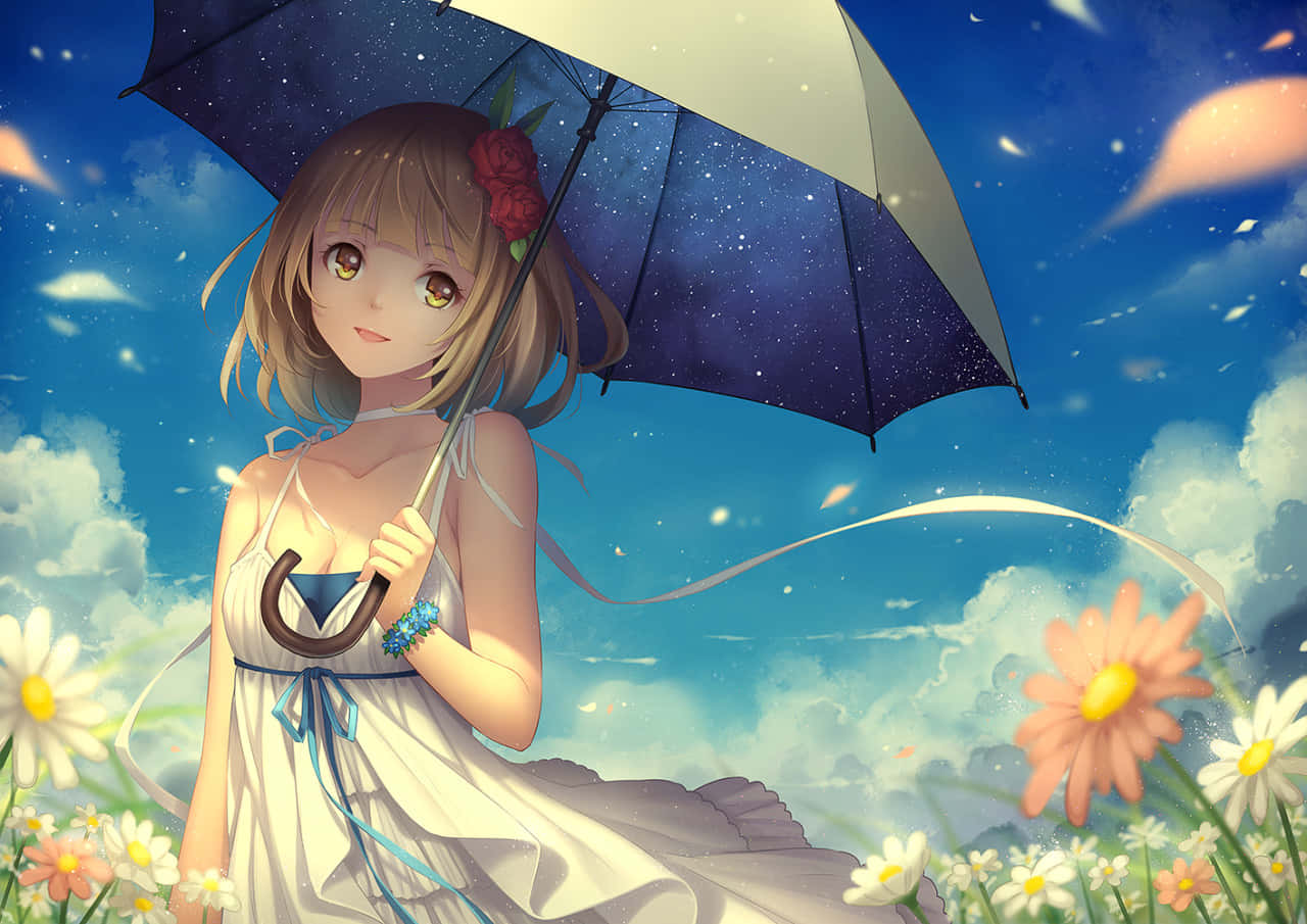 動漫藝術GIF 桌布 壁紙 — 一位年輕的動漫女孩，頭髮上插著一朵紅玫瑰，在明亮的藍天下，在漂浮的雛菊中撐著一把星星圖案的傘。