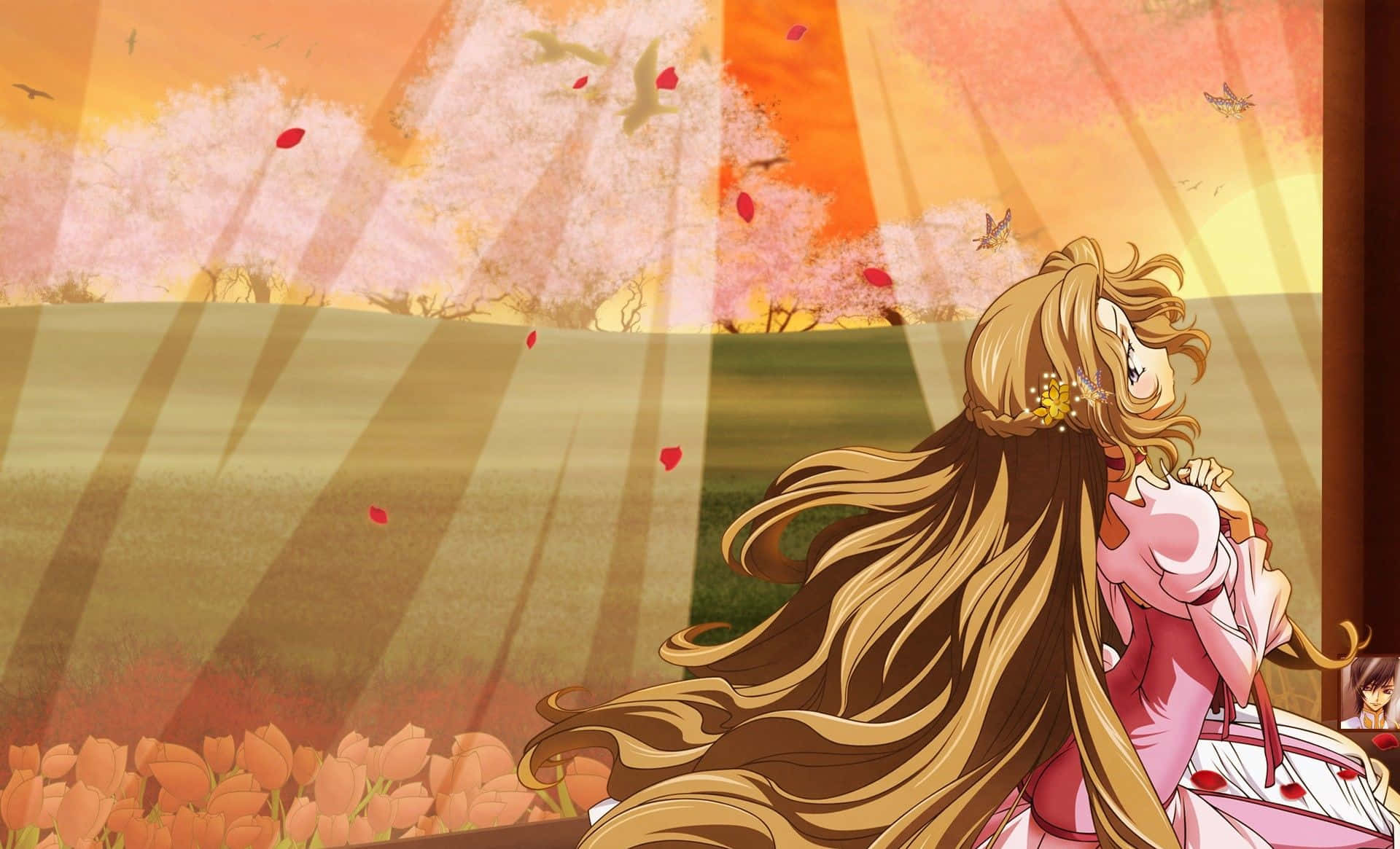 Nunnally Lamperouge 桌布 壁紙 — 一位年輕的動漫女孩，飄逸的金色長髮，透過窗戶凝視著充滿活力的日落，櫻花和鳥兒在頭頂飛翔。