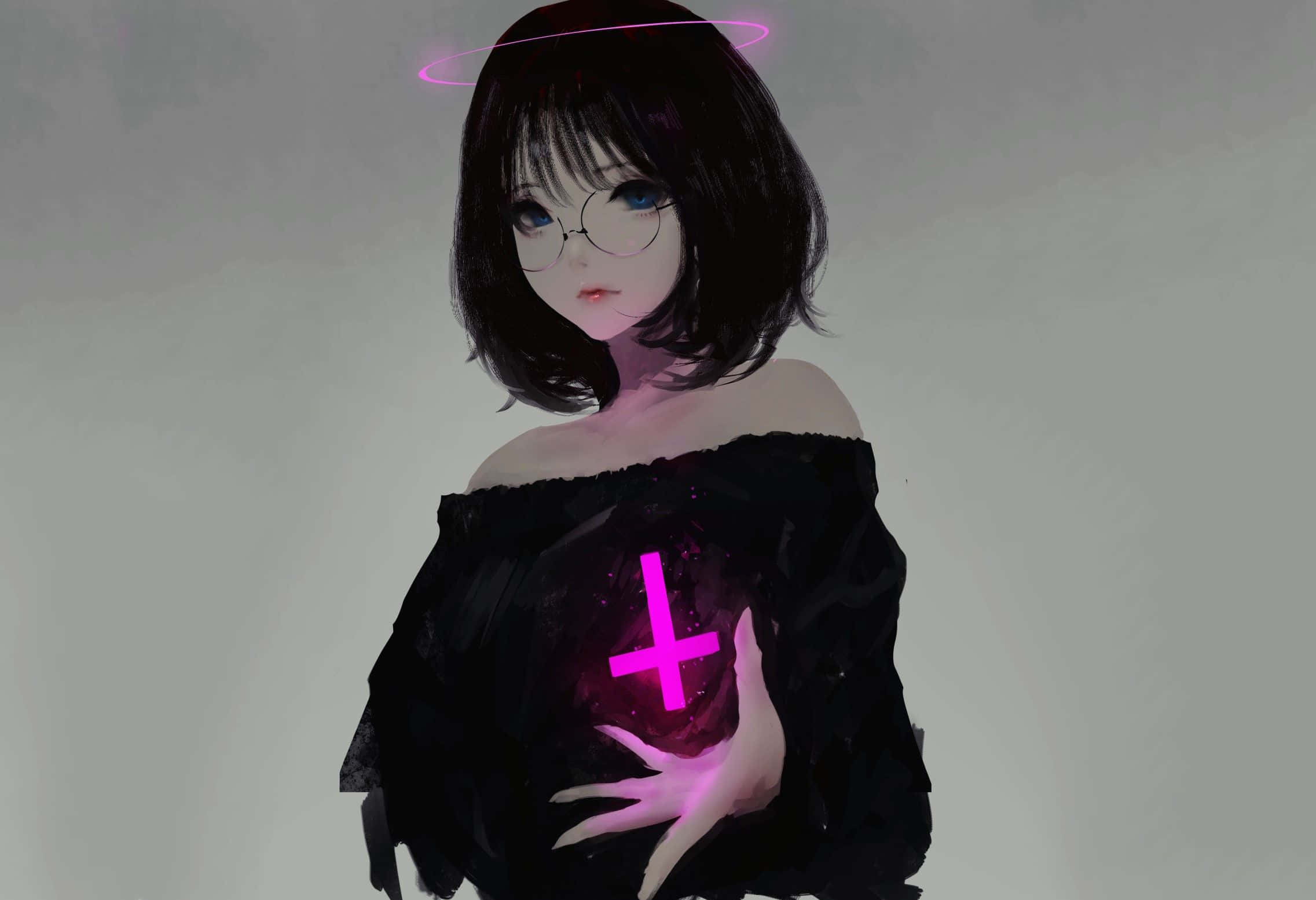 Anime Girl Black Hair 桌布 壁紙 — 一位年輕的動漫女孩，黑髮戴眼鏡，胸前握著一個發光的粉紅色十字架，頭頂上漂浮著粉紅色光環。