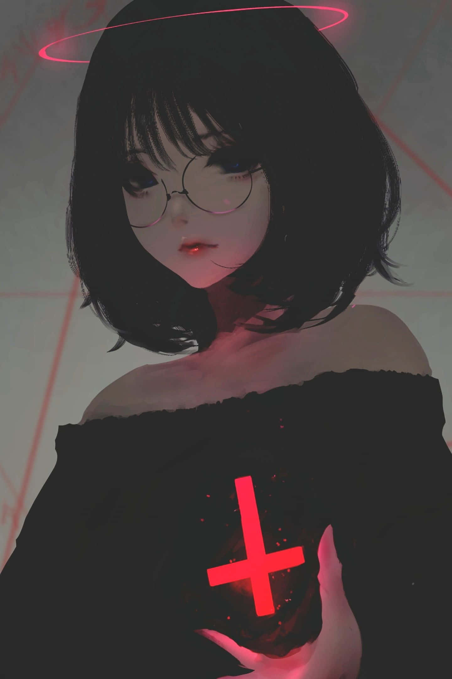 Dark Anime Girl 桌布 壁紙 — 一位年輕的動漫女孩，黑髮戴眼鏡，在粉紅色光環下拿著發光的紅色十字架，背景為網格。
