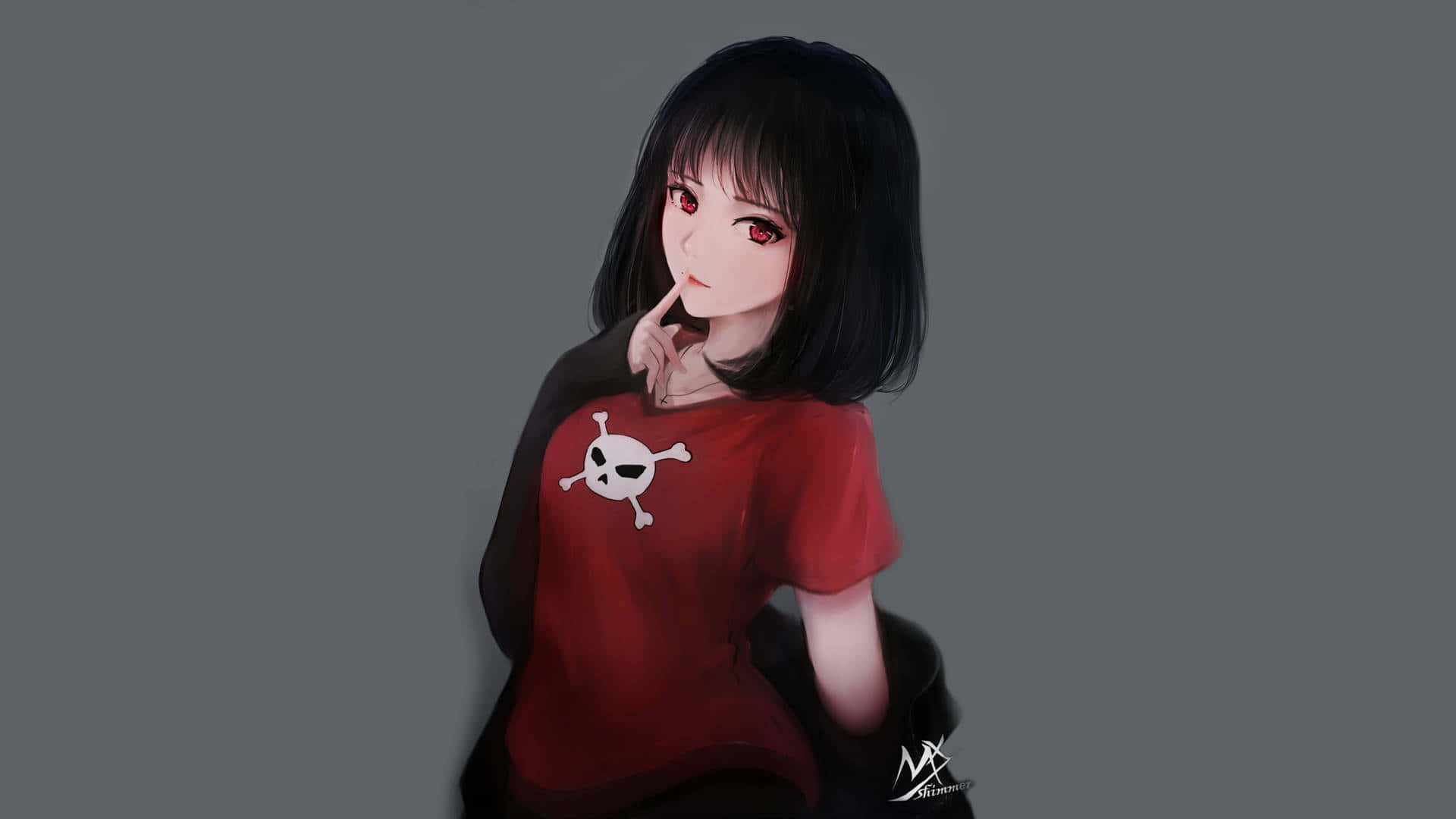 動漫 桌布 壁紙 — 一位年輕的動漫女孩，黑髮紅眼，穿著帶有骷髏標誌的紅色襯衫，手指托著下巴，背景為灰色。