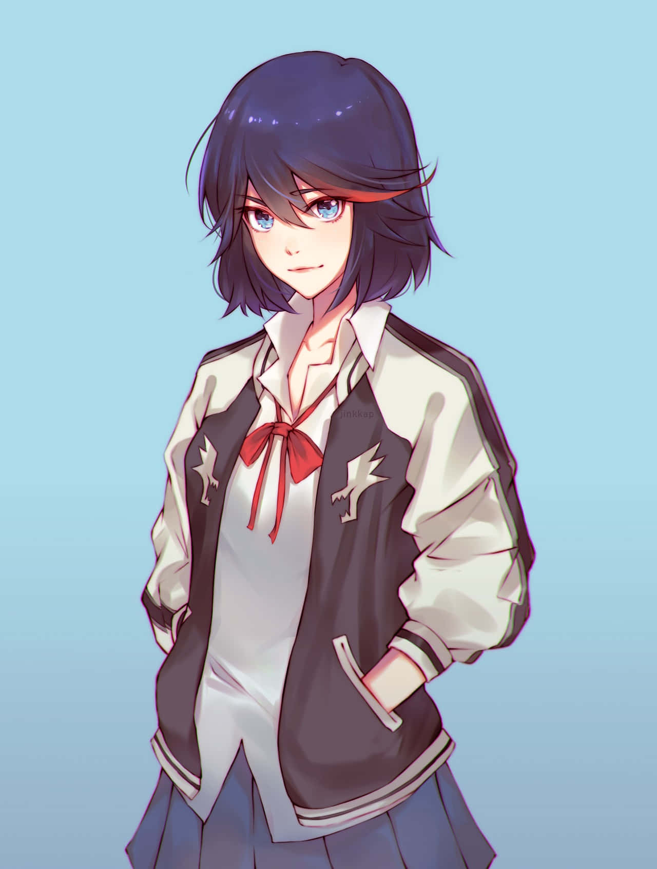 ryuko matoi 桌布 壁紙 — 一位年輕的動漫女孩，黑髮藍眼，身穿白色襯衫配紅色蝴蝶結，外搭運動夾克，背景是柔和的藍色。