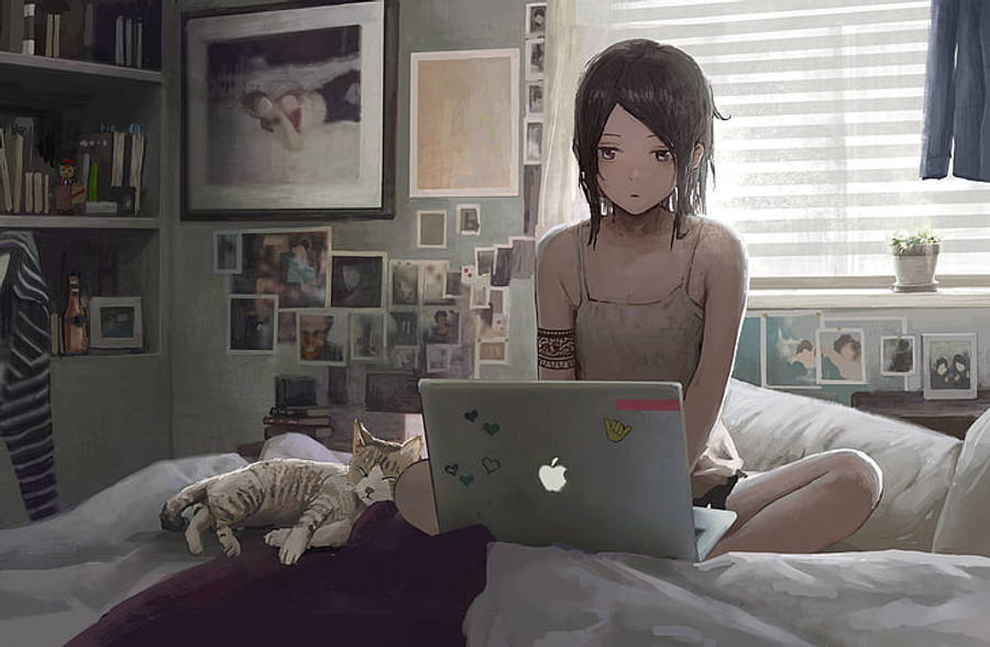 女孩 桌布 壁紙 — 一位年輕的動漫女孩坐在床上，旁邊有一隻貓，在一個充滿照片和書籍的舒適房間裡使用筆記型電腦。