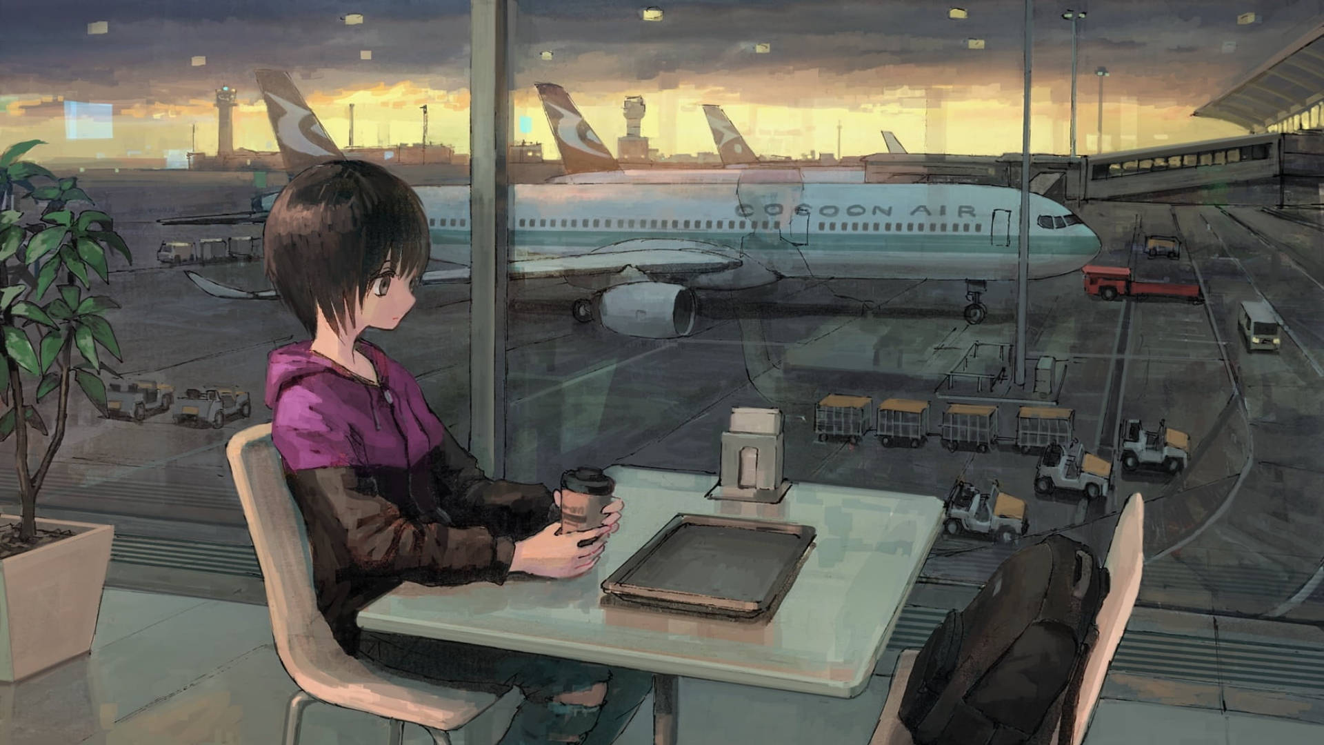 Tomboy Anime Girl 桌布 壁紙 — 一位年輕的動漫女孩坐在機場咖啡廳的桌子旁，拿著一杯咖啡，凝視著停機坪上在日落時分的澳洲航空飛機。
