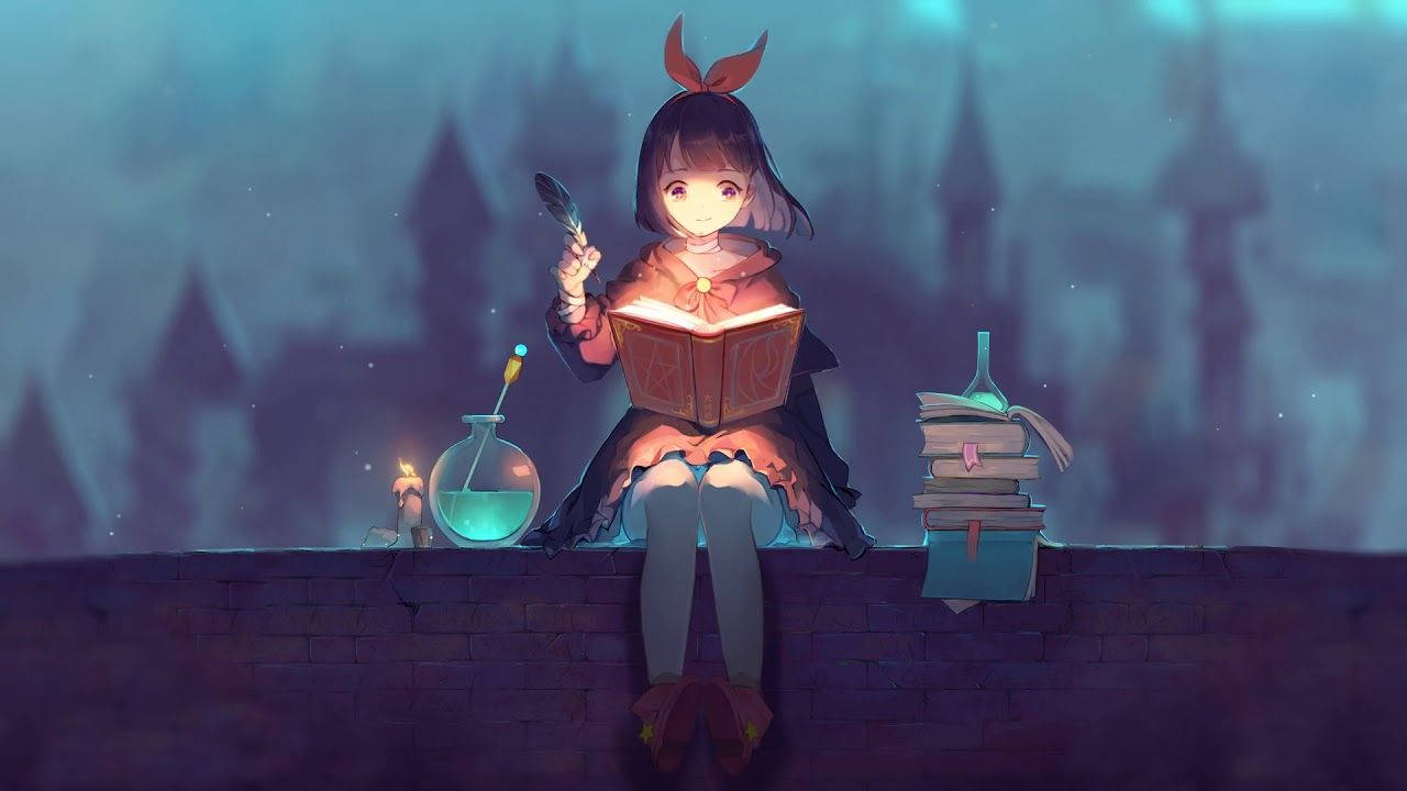 動漫女孩在暮色中於石頭邊緣閱讀發光的書，旁邊有魔法物品。