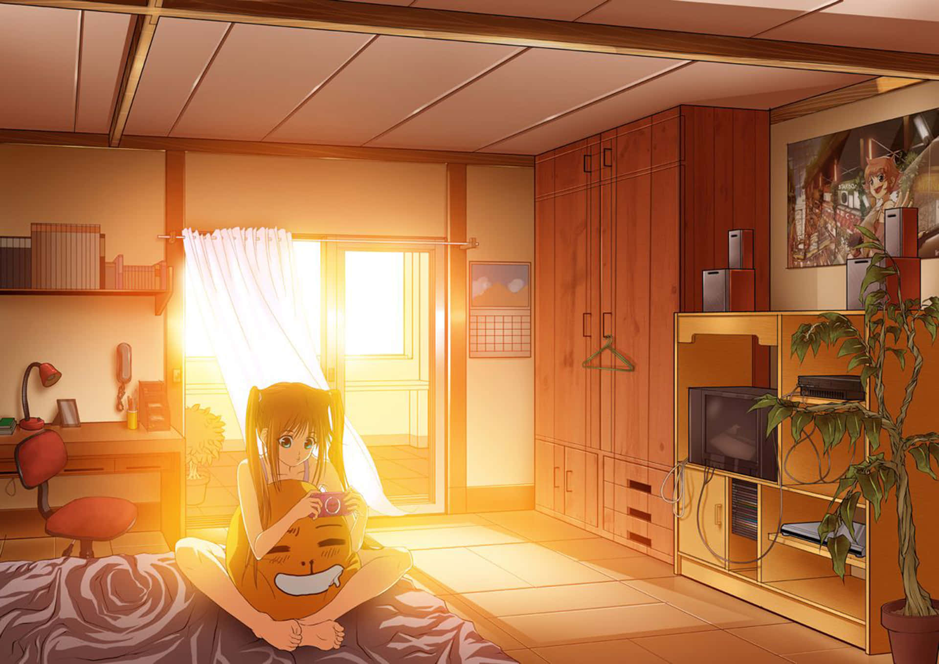 Aesthetic Room 桌布 壁紙 — 一位年輕的動漫女孩盤腿坐在床上，房間是溫暖的木質裝潢，金色的陽光透過窗戶灑進來。