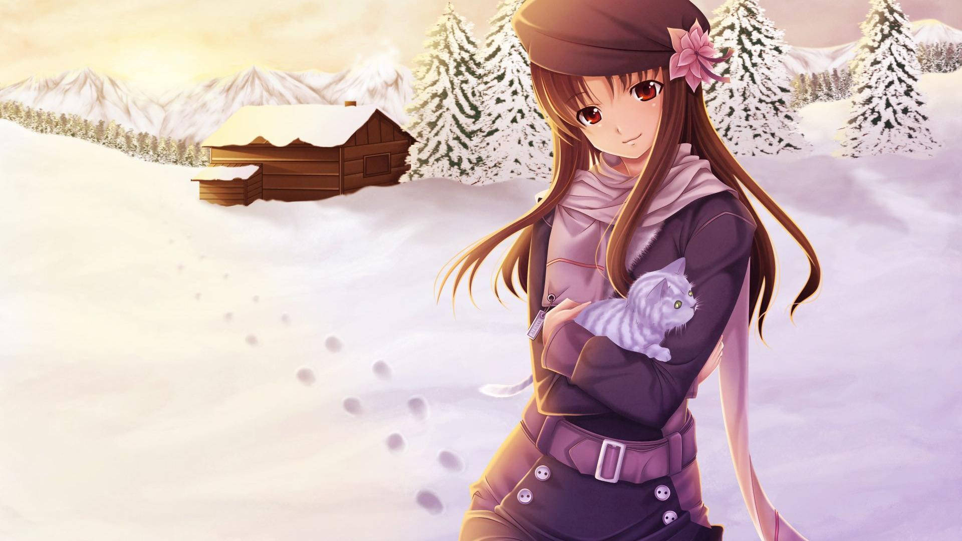 Girly Cartoon 桌布 壁紙 — 一位年輕的動漫女孩穿著冬季裝備，在雪覆蓋的小屋旁抱著一隻白貓，周圍有松樹和遠山，天空柔和金黃。