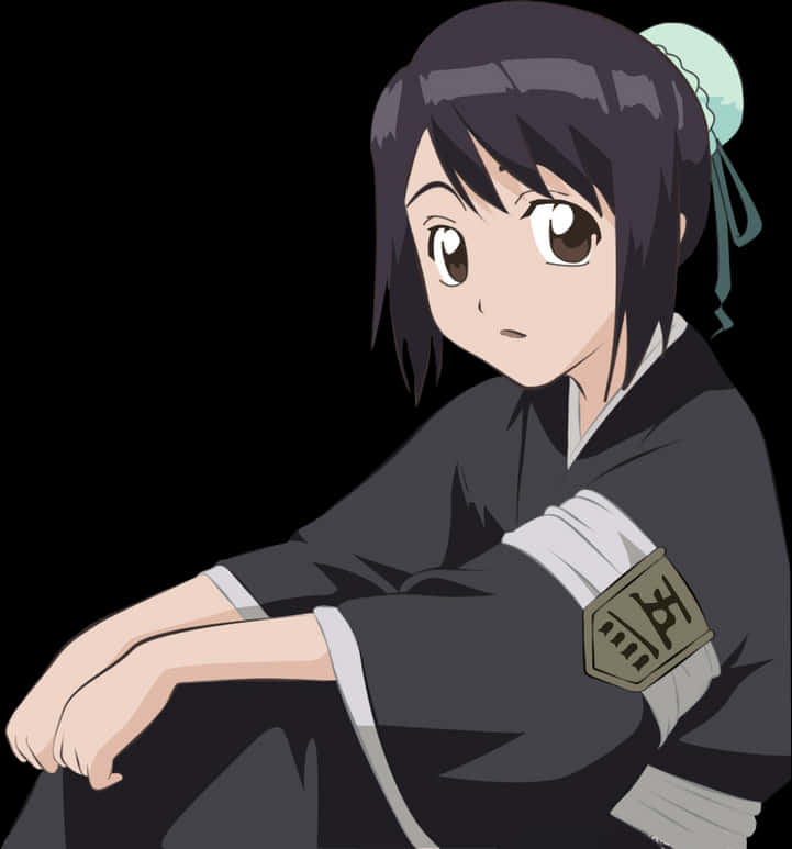 死神 桌布 壁紙 — 一位年輕的動漫女孩穿著深色制服，戴著淺藍色髮飾，在黑色背景前凝視前方。