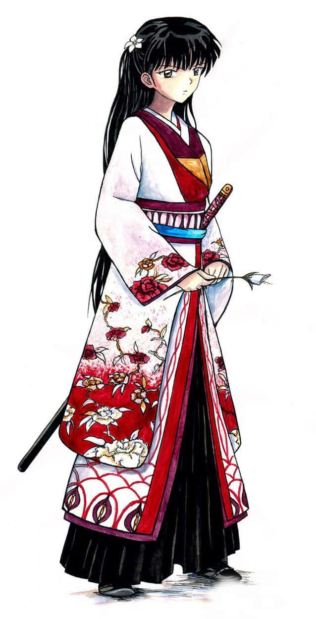 Inuyasha Rin 桌布 壁紙 — 一位年輕的動漫女孩穿著紅白花卉和服，手持劍和白色花朵，背景為純白色。