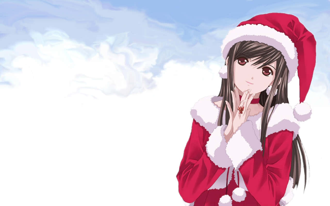動漫女孩 桌布 壁紙 — 一位年輕的動漫女孩穿著紅色聖誕老人服裝，帶有白色飾邊，站在柔和的藍天和蓬鬆的雲朵前。