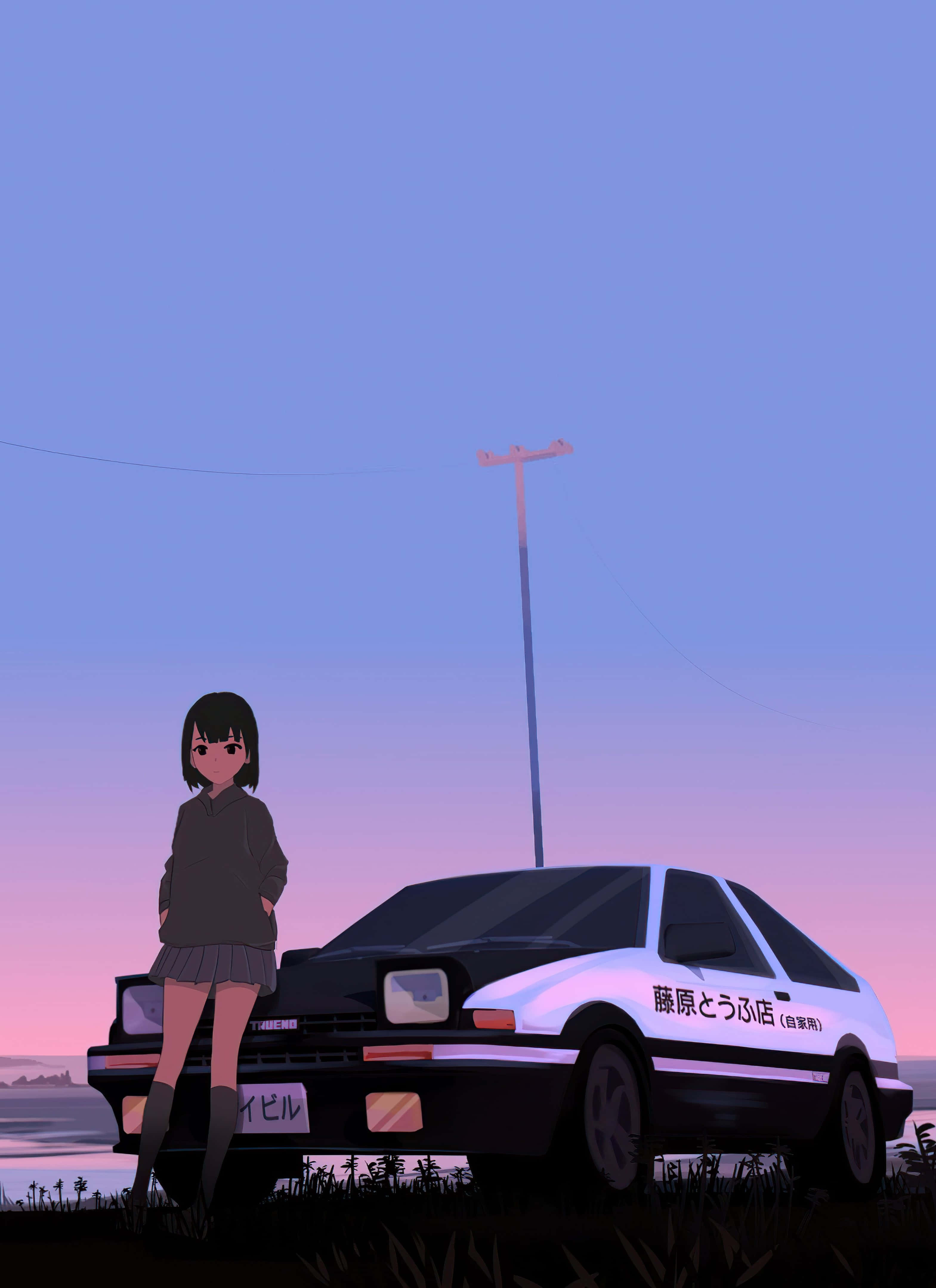 桌布 壁紙 — 一位年輕的動漫女孩站在一輛白色和黑色的AE86跑車旁邊，背景是帶有柔和粉紅色和藍色漸變的黃昏天空。
