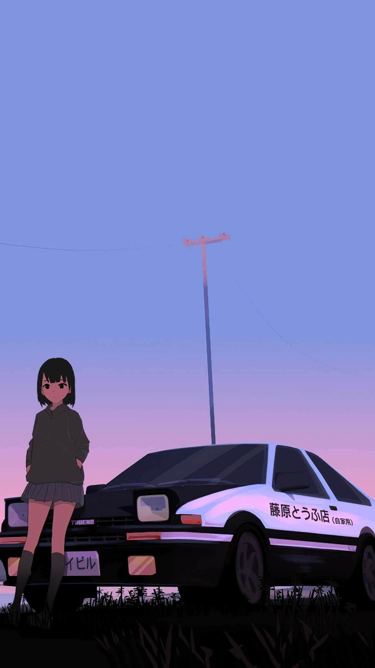 桌布 壁紙 — 一位年輕的動漫女孩站在一輛黑白AE86跑車旁邊，背景是帶有柔和紫色和藍色漸變的黃昏天空。
