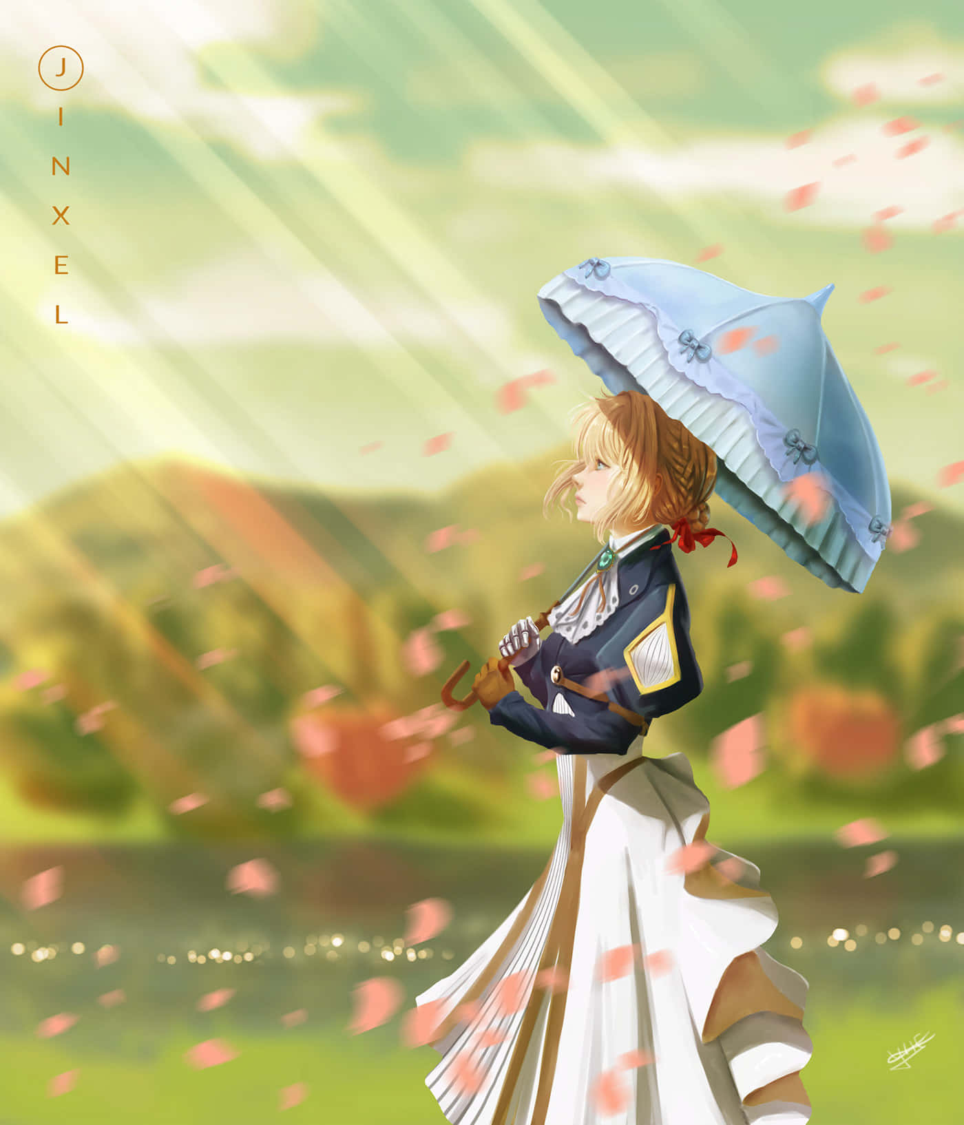 動漫 桌布 壁紙 — 一位年輕的動漫女孩編著辮子，手持一把藍色蕾絲陽傘，粉紅花瓣在金色陽光中飄過模糊的田園景觀。