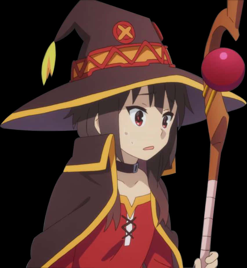 Megumin 桌布 壁紙 — 一位年輕的動漫女巫，戴著棕色帽子，帽緣有紅色和黃色裝飾，手持頂端有發光粉紅色球體的法杖，背景為黑色。