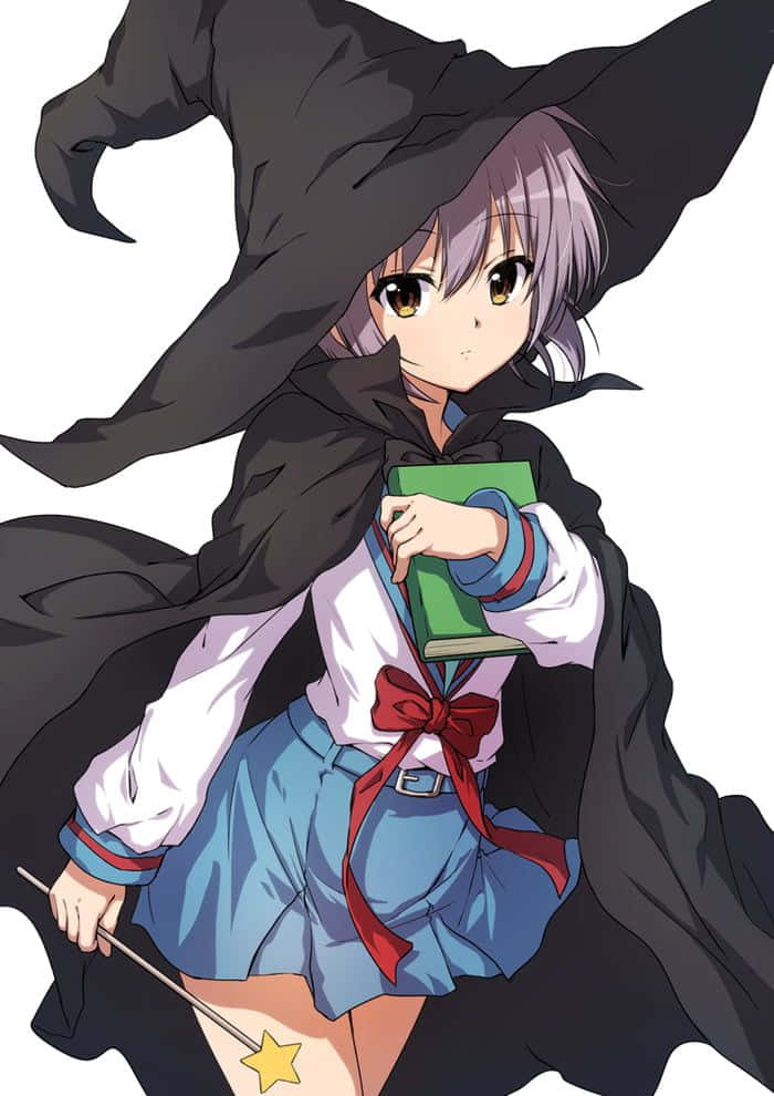 Yuki Nagato 桌布 壁紙 — 一位年輕的動漫女巫，紫色頭髮，戴黑色尖帽，手持綠色書本和星形魔杖，背景為純白色。