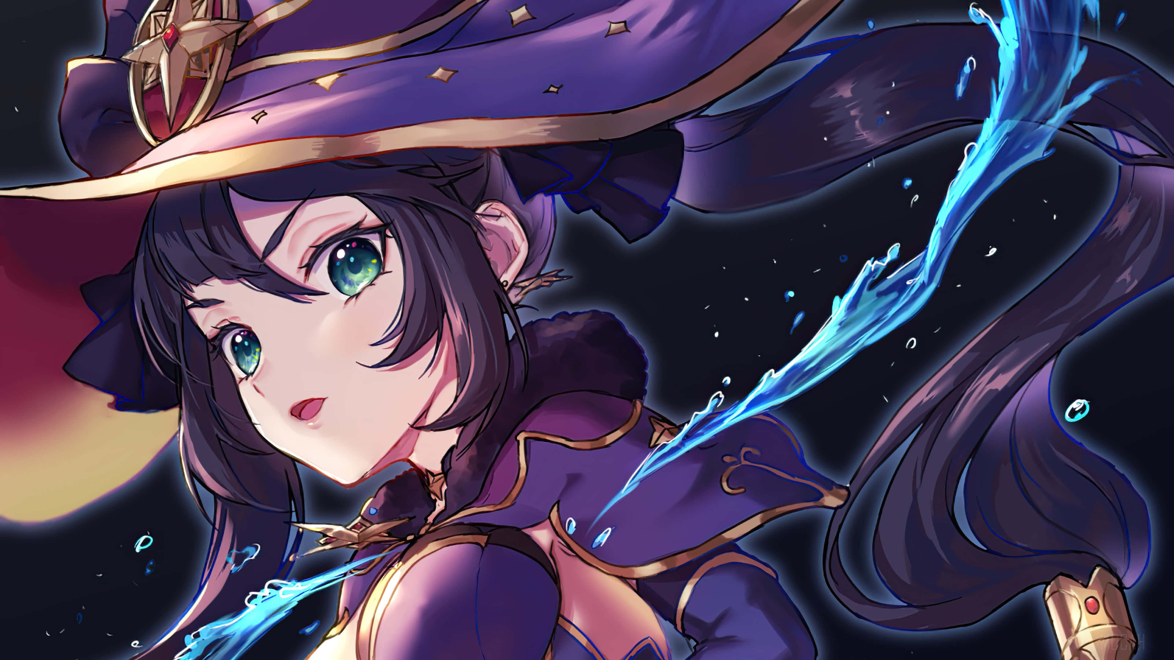 Genshin Impact Mona 桌布 壁紙 — 一位年輕的動漫女巫，身穿紫色帽子和斗篷，在黑暗的宇宙背景下引導發光的藍色水魔法。