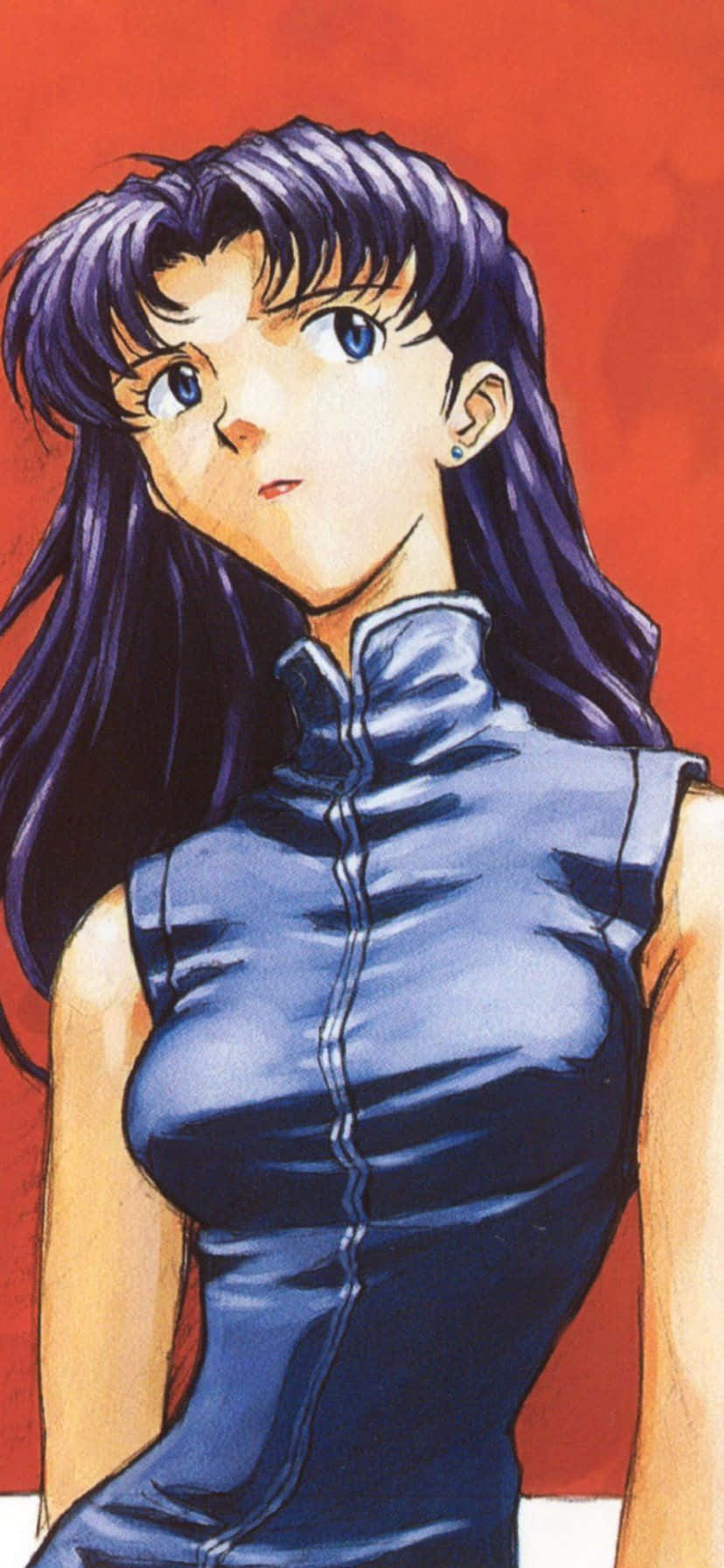Misato Katsuragi 桌布 壁紙 — 一位年輕的動漫女性，擁有長長的紫色頭髮和藍色眼睛，穿著貼身的藍色上衣，背景為純紅色。
