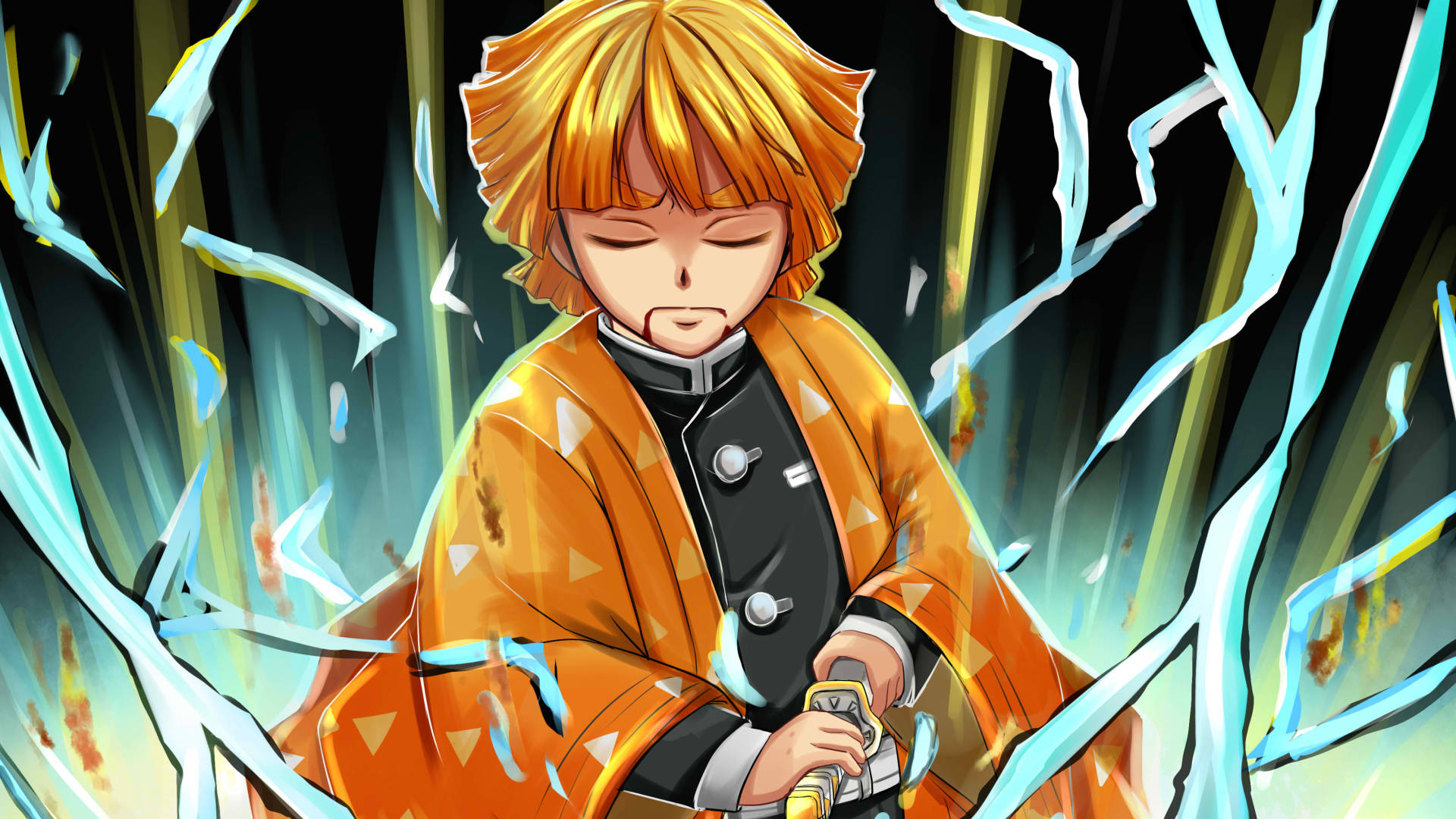 Demon Slayer Zenitsu 桌布 壁紙 — 一位年輕的動漫戰士，擁有橙色頭髮和相配的羽織，站在黑暗森林中發光的藍色能量裂縫之間。