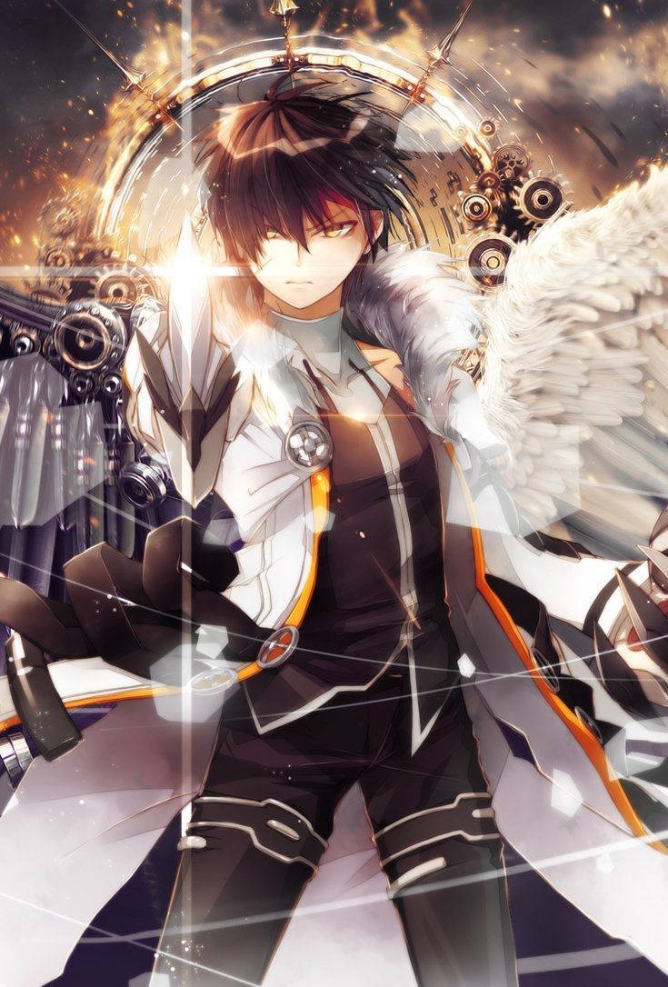 HD anime phone 桌布 壁紙 — 一位年輕的動漫戰士，擁有白色天使翅膀和機械齒輪背景，散發出強烈的光芒。