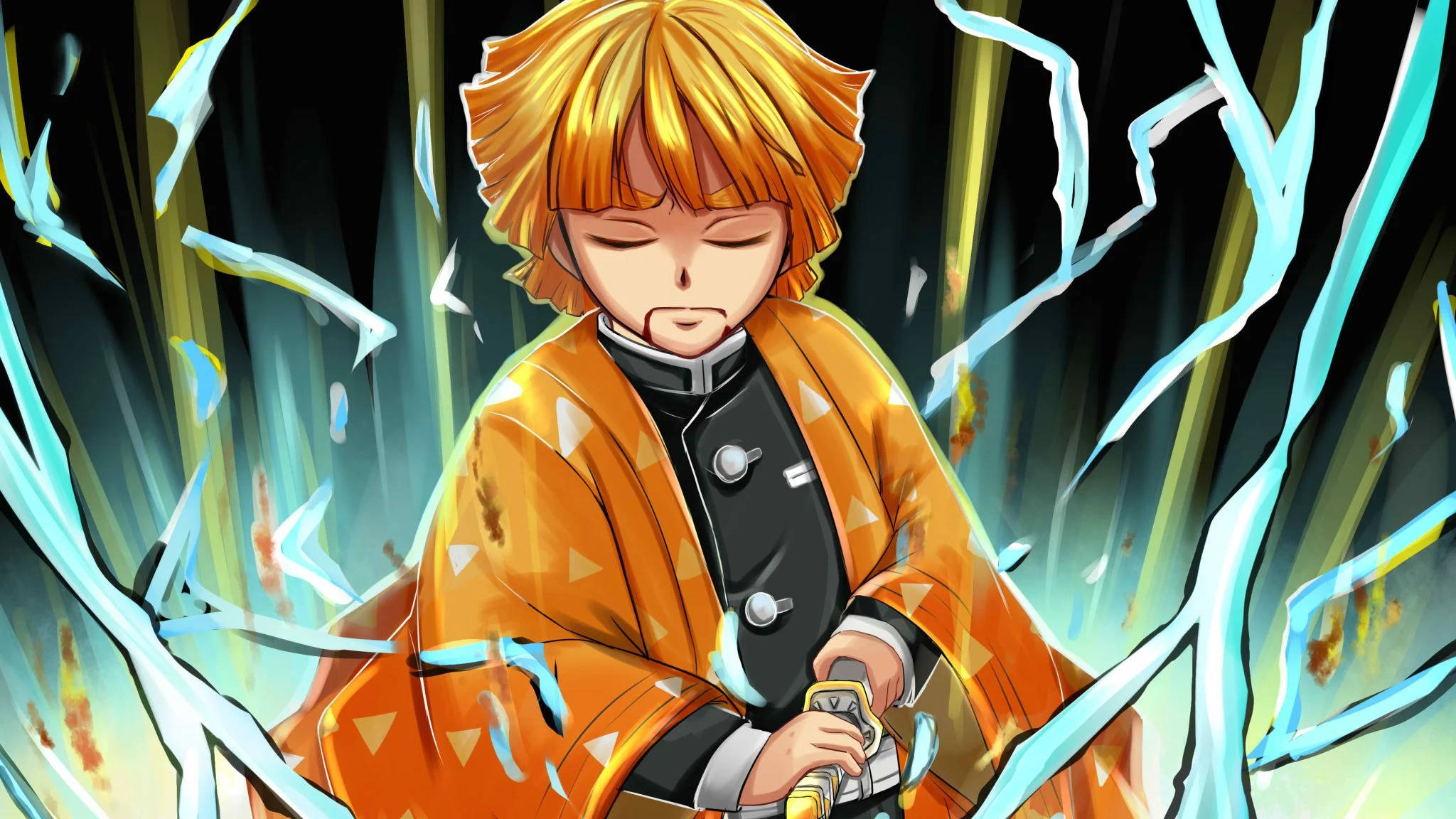 Zenitsu Pfp 桌布 壁紙 — 一位年輕的動漫戰士，橙色頭髮，身穿和服，在黑暗的森林中揮舞著劍，藍色能量在他周圍劈啪作響。