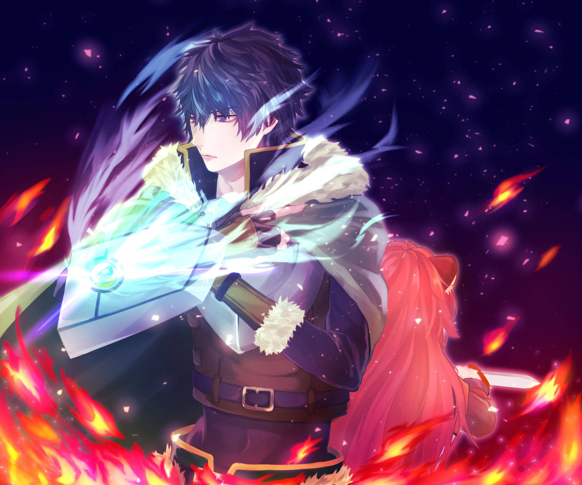 動漫戰士在星空下熾熱的爆炸中揮舞著發光的能量劍。 — Fire Emblem Warriors 壁紙