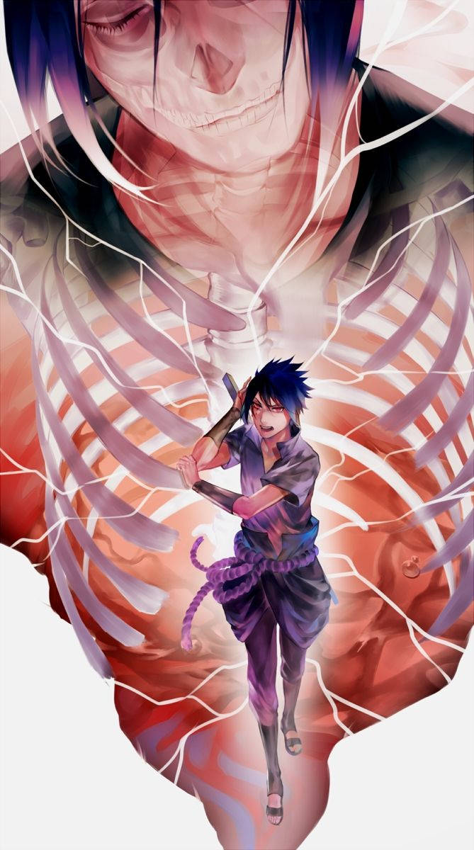 Uchiha 桌布 壁紙 — 一位年輕的動漫戰士挑釁地站在一個高聳的骷髏身影前，周圍閃爍著發光的閃電。